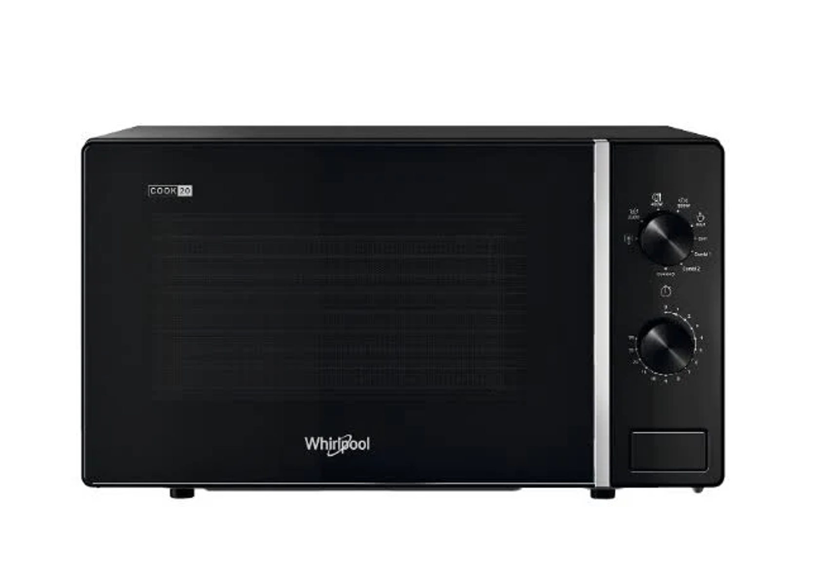Microonde Whirlpool nero con pannello di controllo, su sfondo bianco.