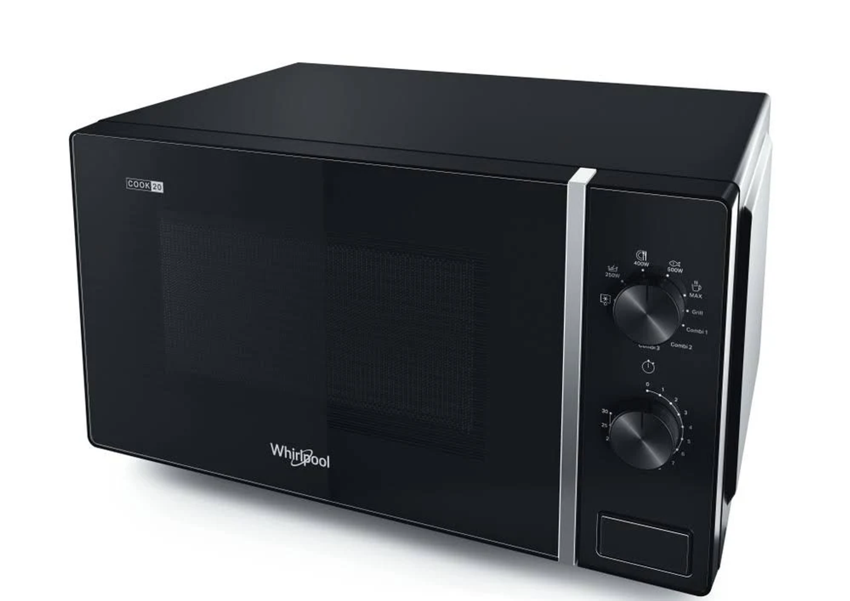 Forno a microonde nero con due manopole e un display digitale.