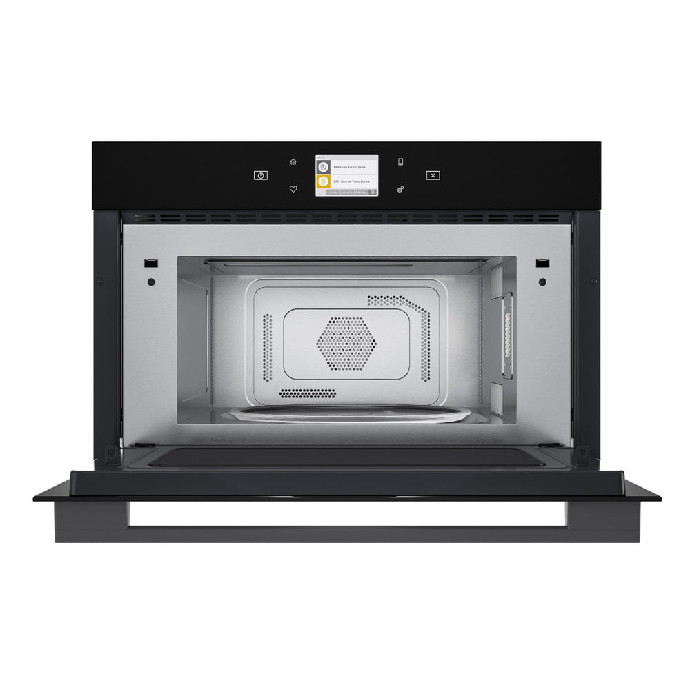 Un forno a microonde con la porta aperta, che mostra l'interno e il pannello di controllo.