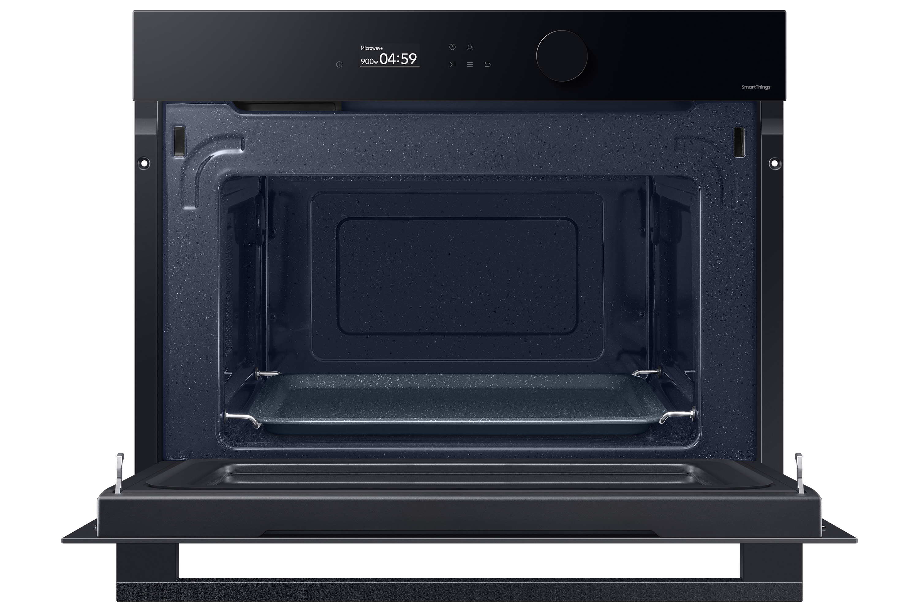 Forno a microonde nero, porta aperta. Mostra interno blu scuro e vassoio. Il marchio è Samsung.
