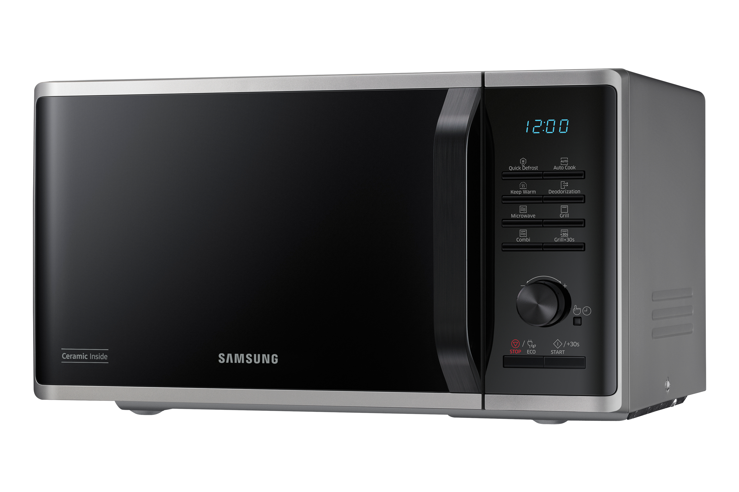 Microonde Samsung nero con orologio digitale, pannello di controllo e marchio.