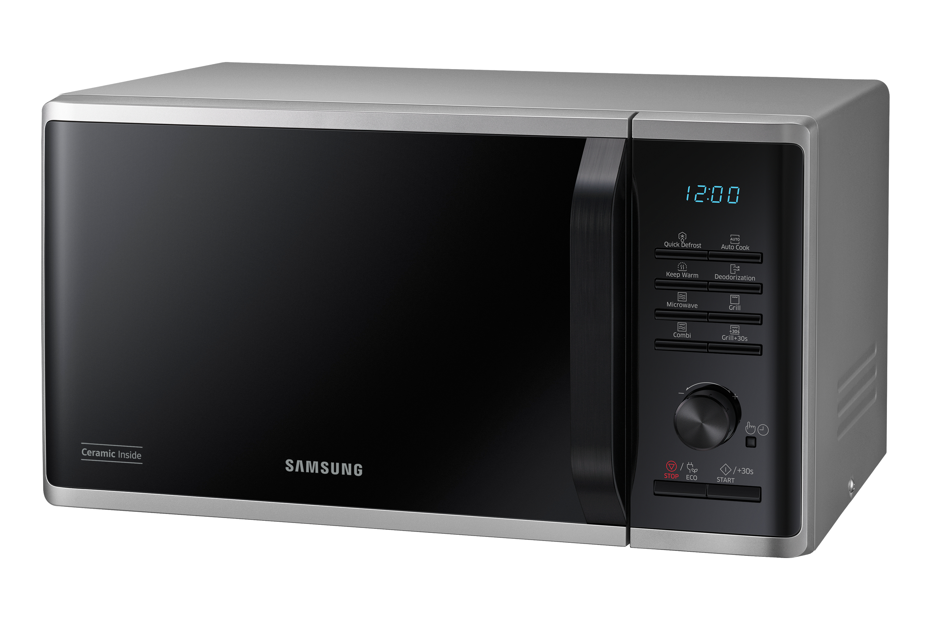 Forno a microonde Samsung argento e nero. Porta e pannello di controllo neri con display digitale. Marchio visibile.