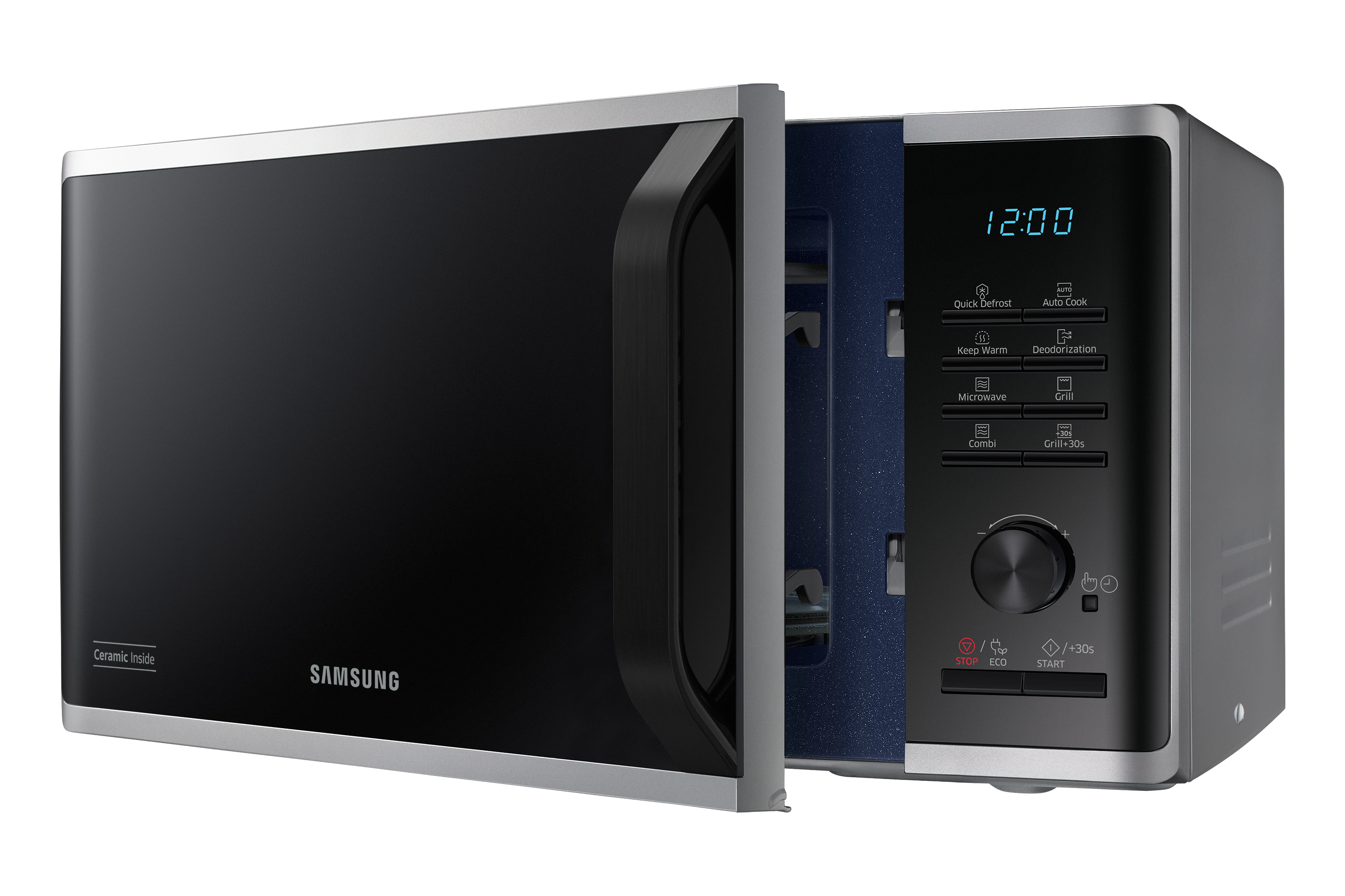 Forno a microonde Samsung nero, aperto, che mostra l'interno, su sfondo bianco.