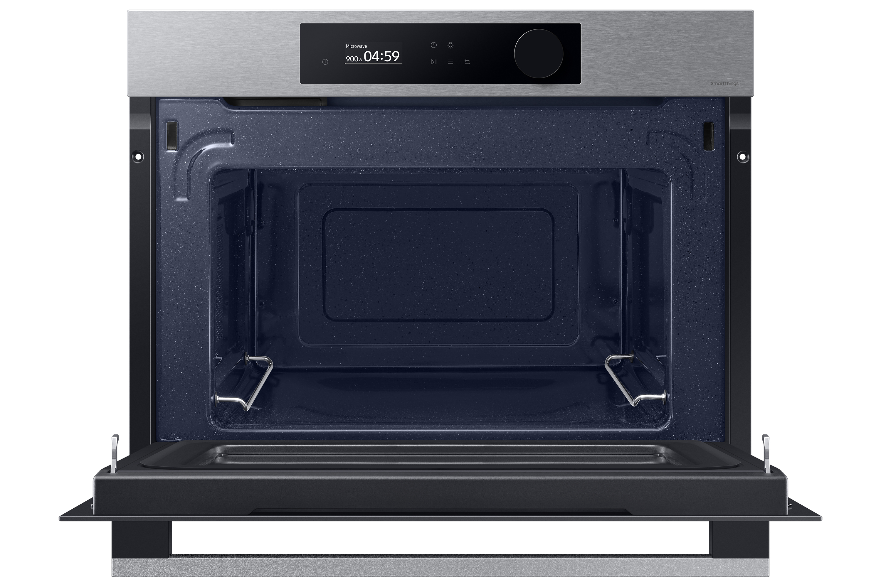Forno a microonde da incasso, porta aperta, interno blu scuro. Pannello superiore argento Samsung.