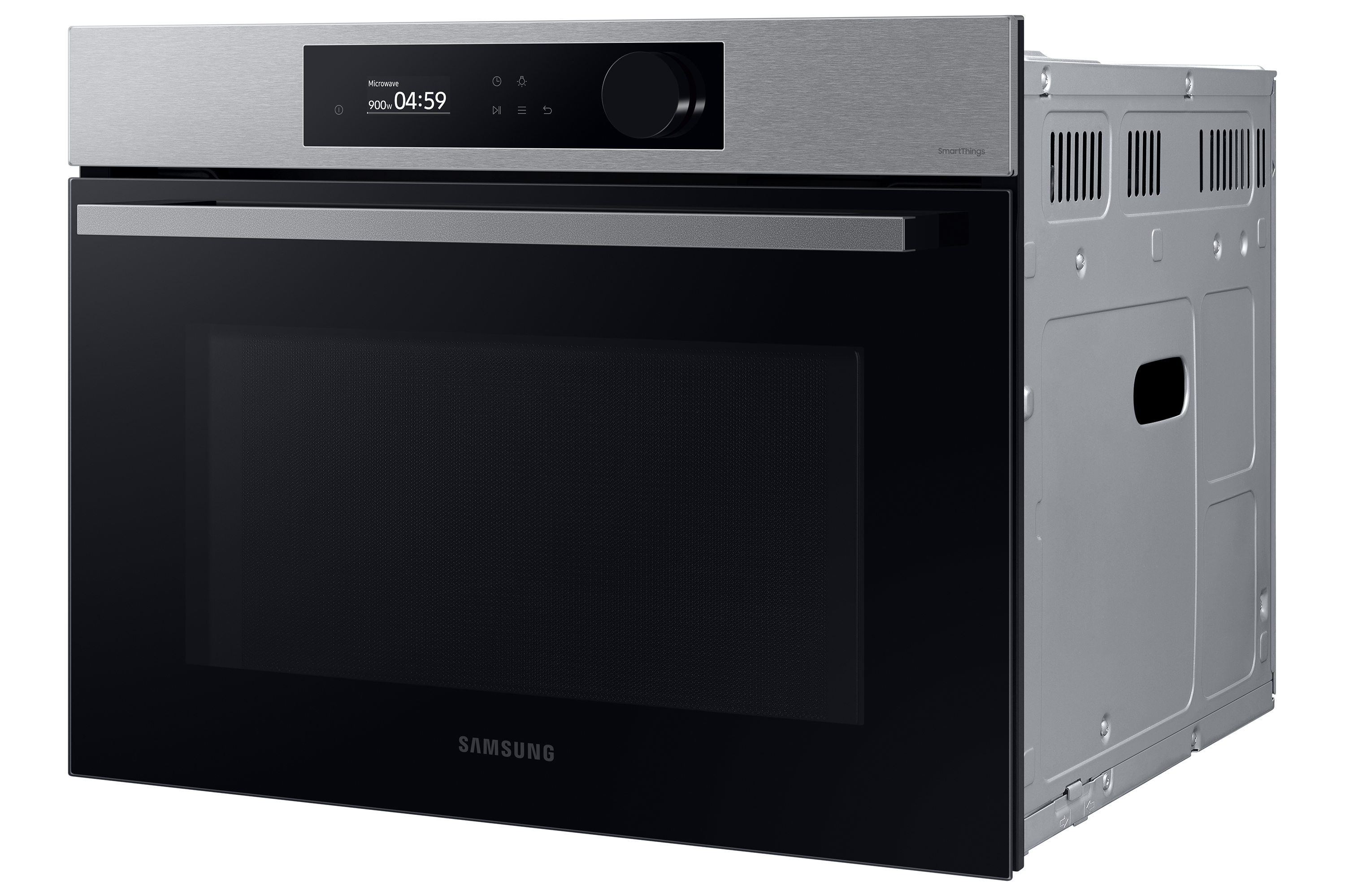 Forno a microonde argentato con porta e pannello di controllo neri. Marchio Samsung. Porta chiusa.
