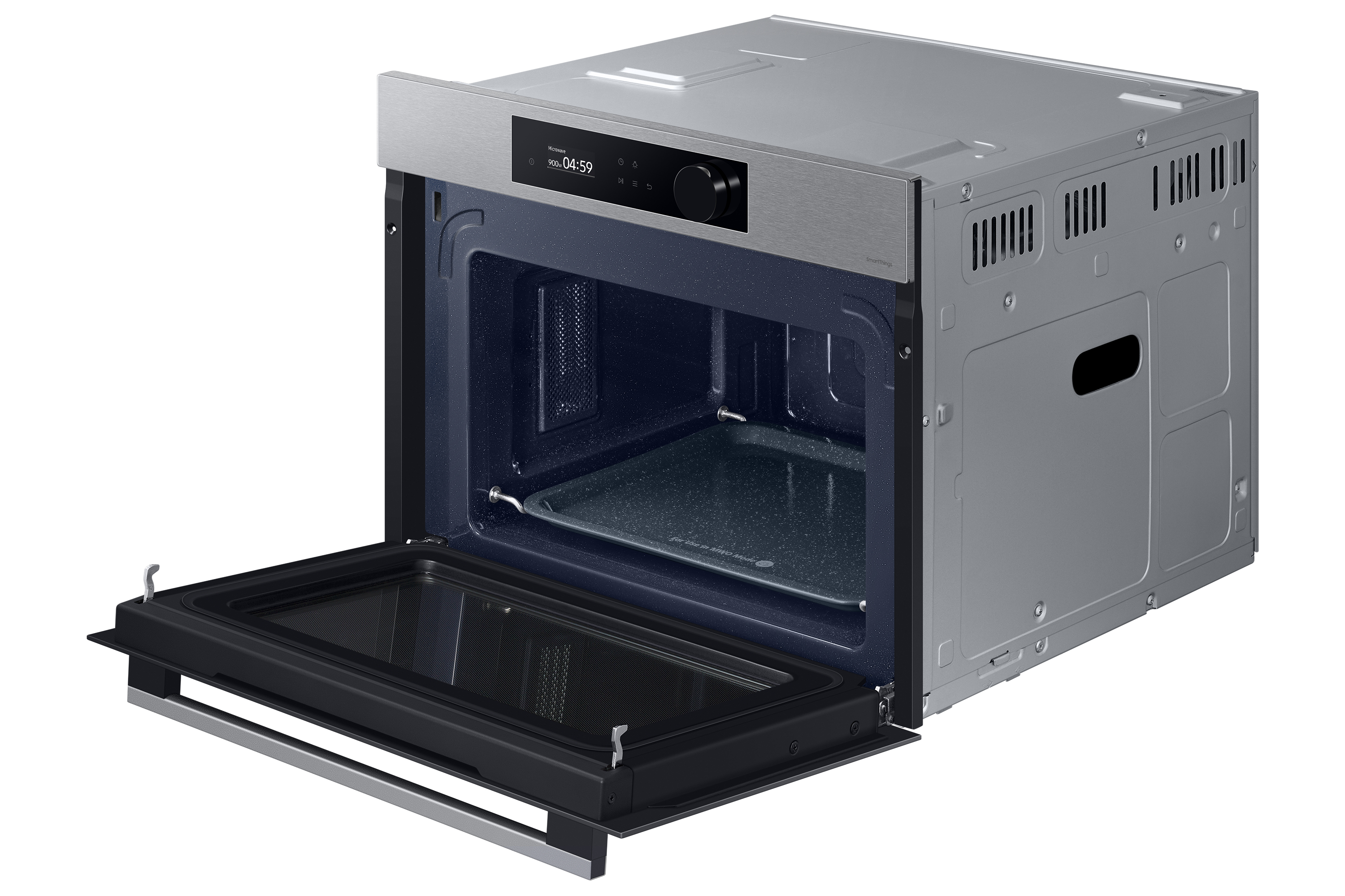 Forno a microonde con porta aperta. La vista interna mostra il vassoio. Esterno in acciaio inox.