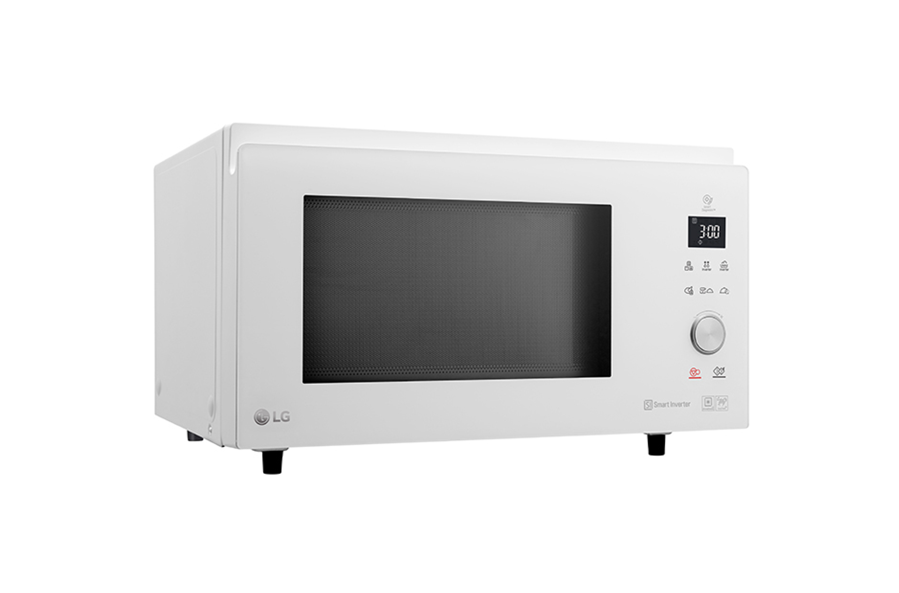Un forno a microonde LG bianco con display digitale e pulsanti di controllo. È isolato su bianco.