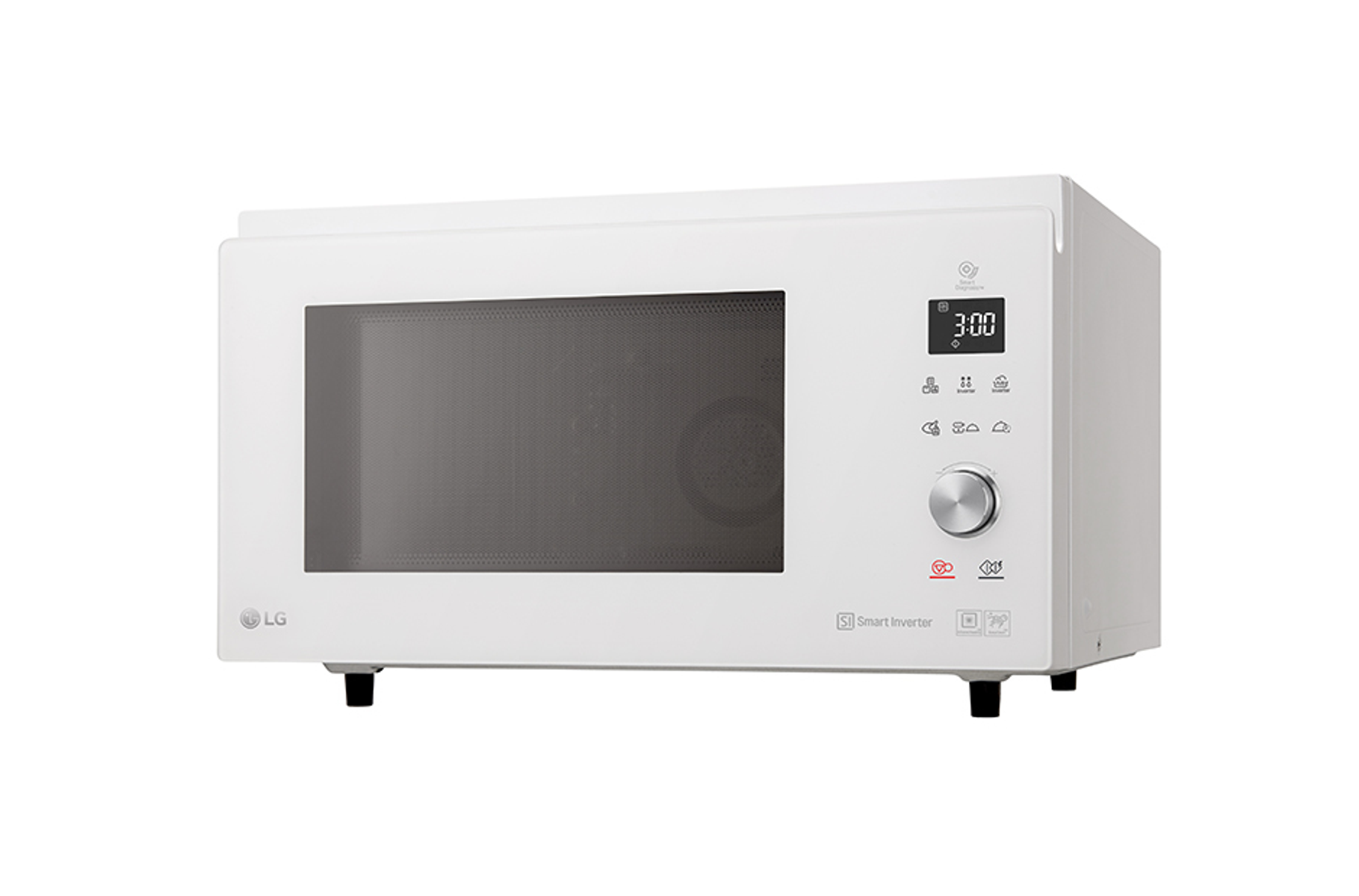 Microonde bianco, vista frontale, con display digitale e pulsante.