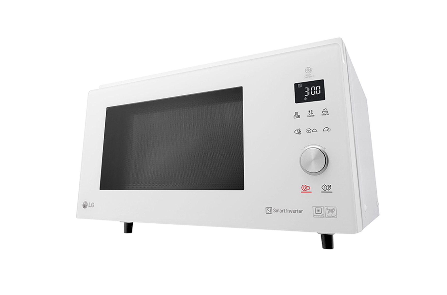Microonde bianco con display digitale. Manopola argentata e pulsanti di controllo visibili.