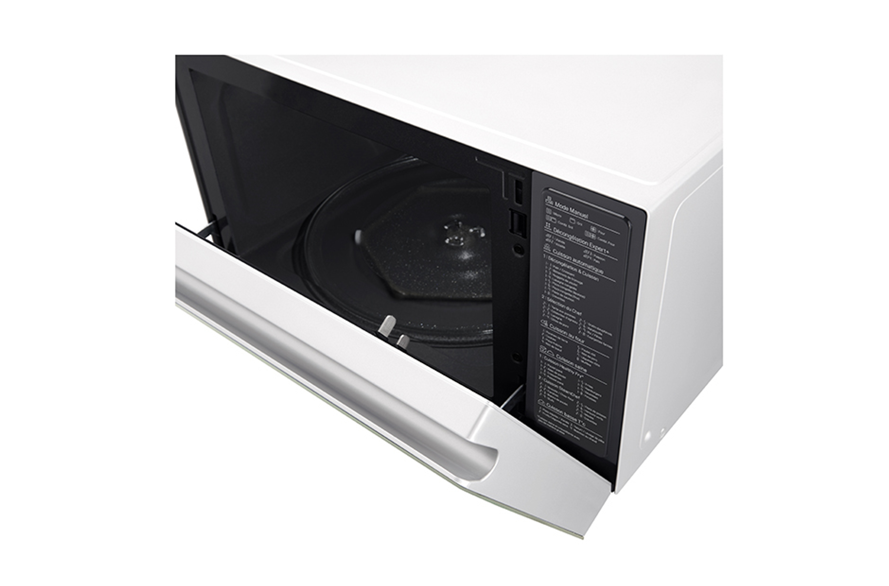 Forno a microonde LG bianco aperto. Interno con piatto rotante. Porta aperta a sinistra.