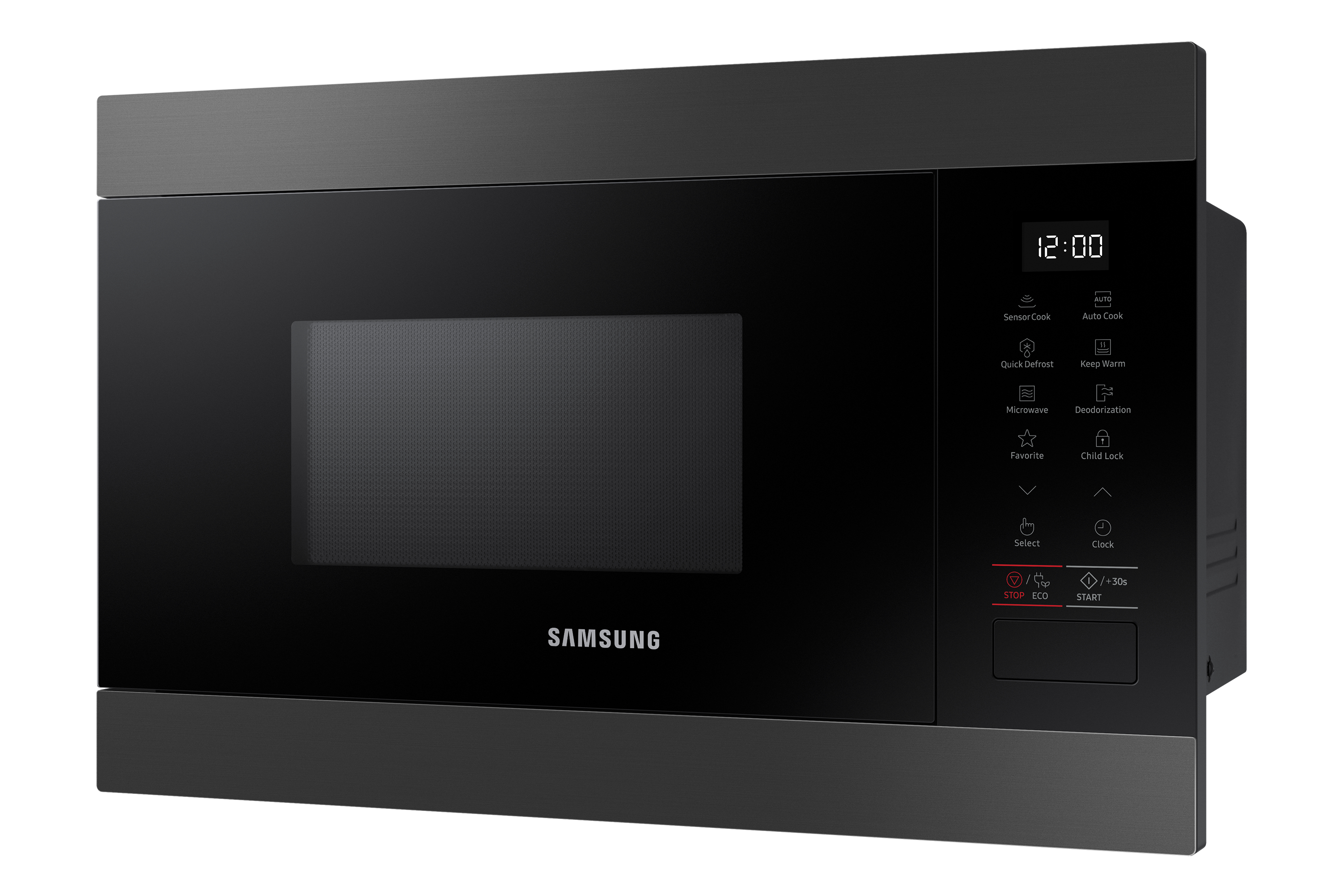 Forno a microonde Samsung nero integrato in una parete. Display digitale e pannello di controllo a destra.