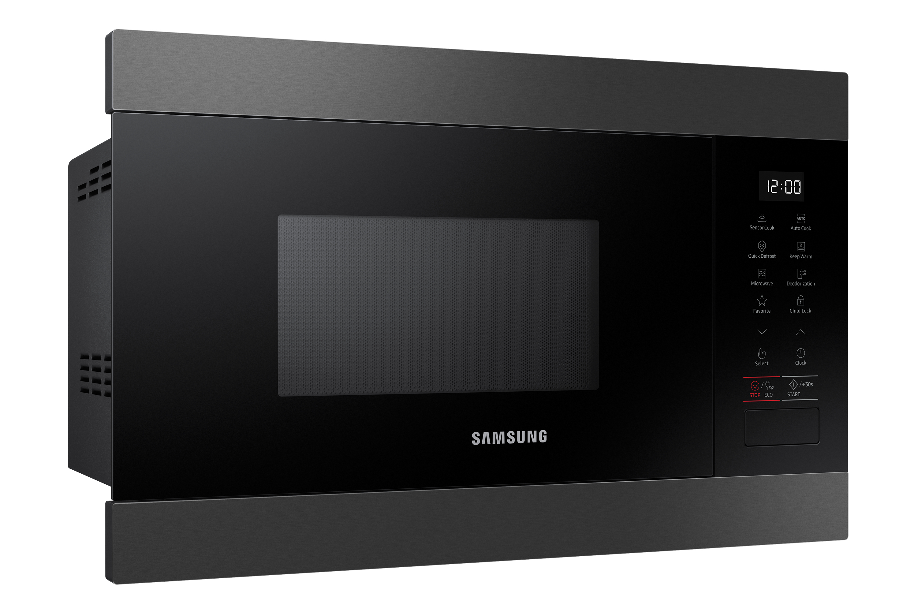 Microonde Samsung nero con display digitale e pulsanti. È da incasso e ha un design elegante e moderno.