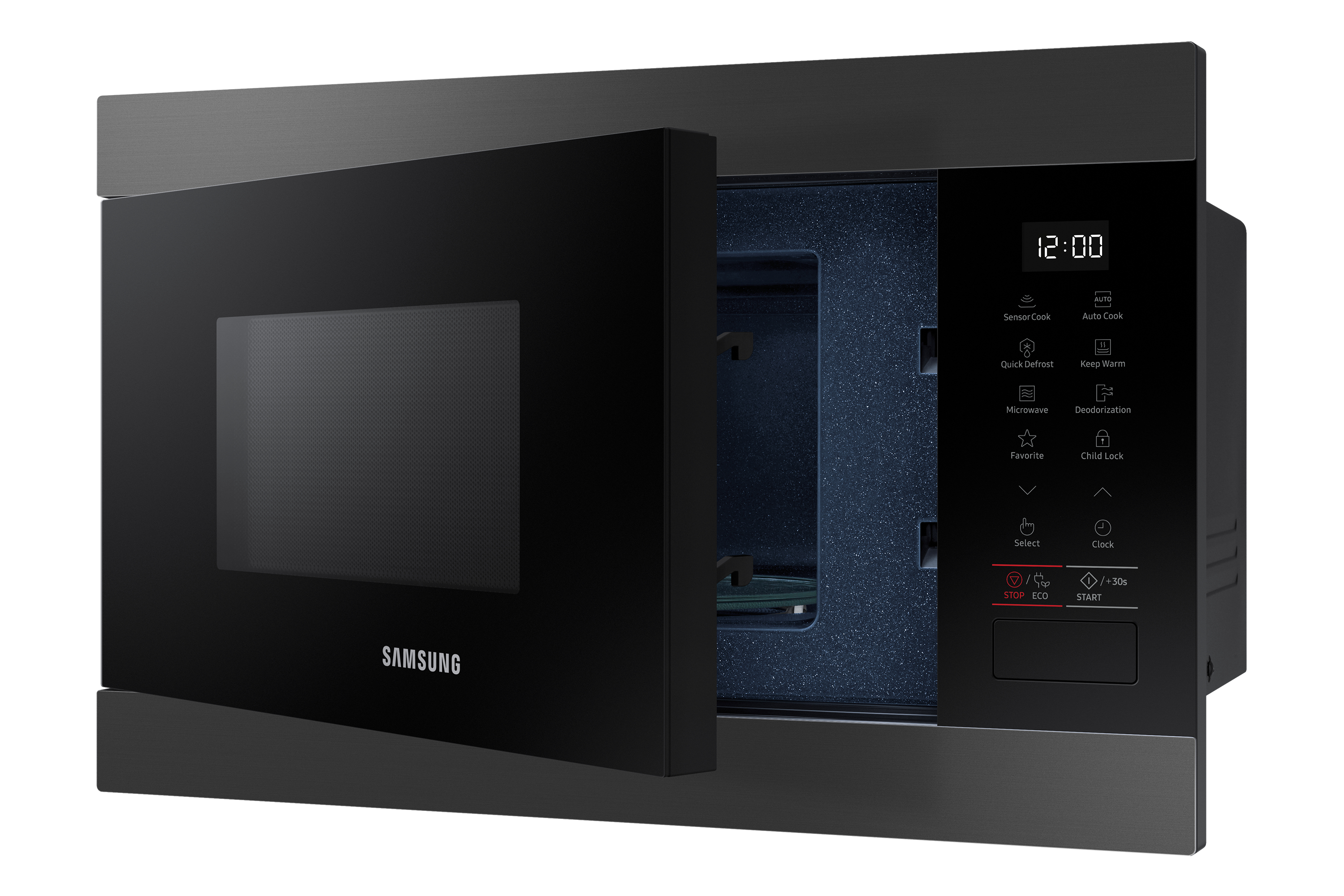 Microonde Samsung nero con porta aperta, display digitale a destra.