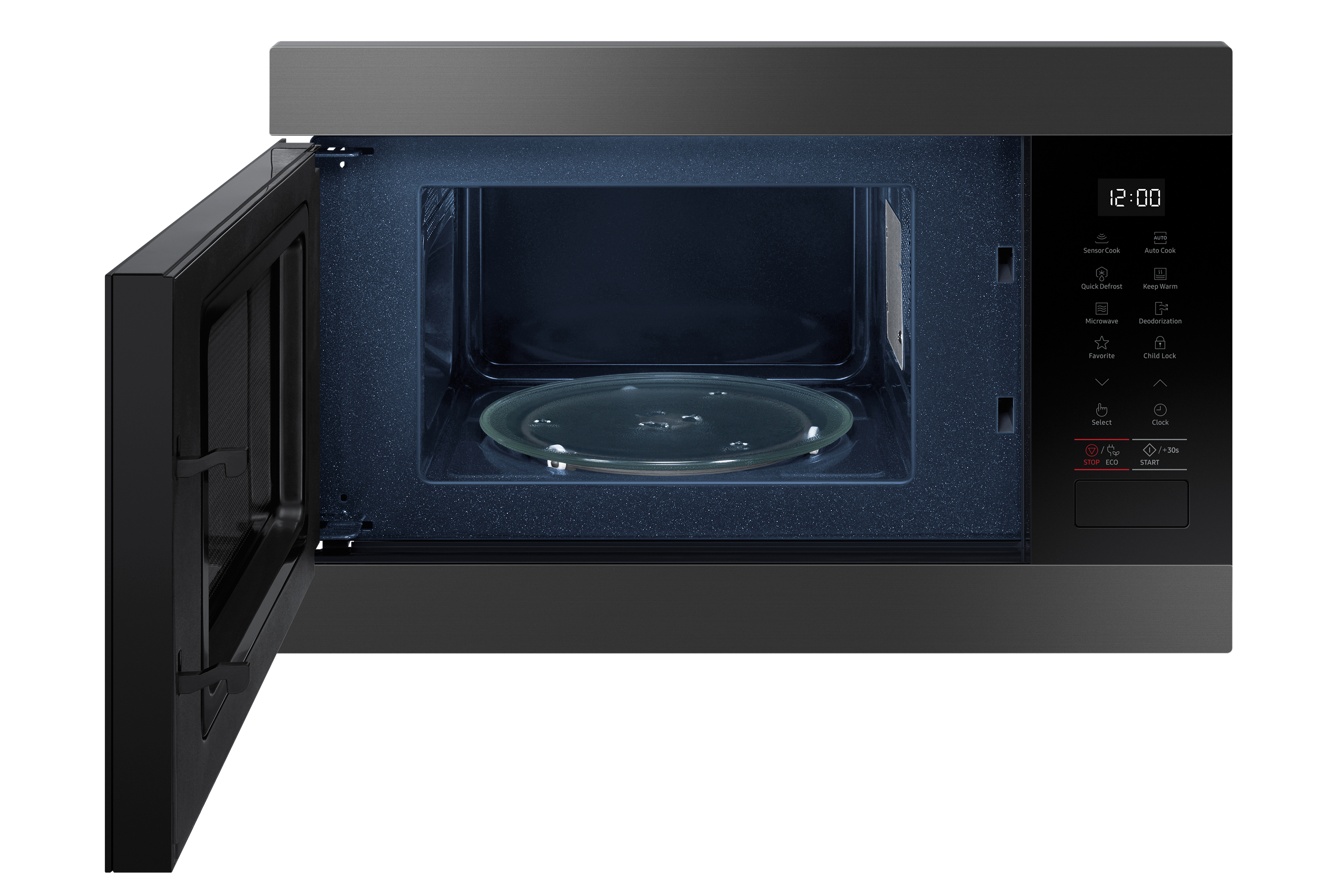 Forno a microonde con porta aperta, piatto di vetro all'interno, display digitale mostra 12:00.