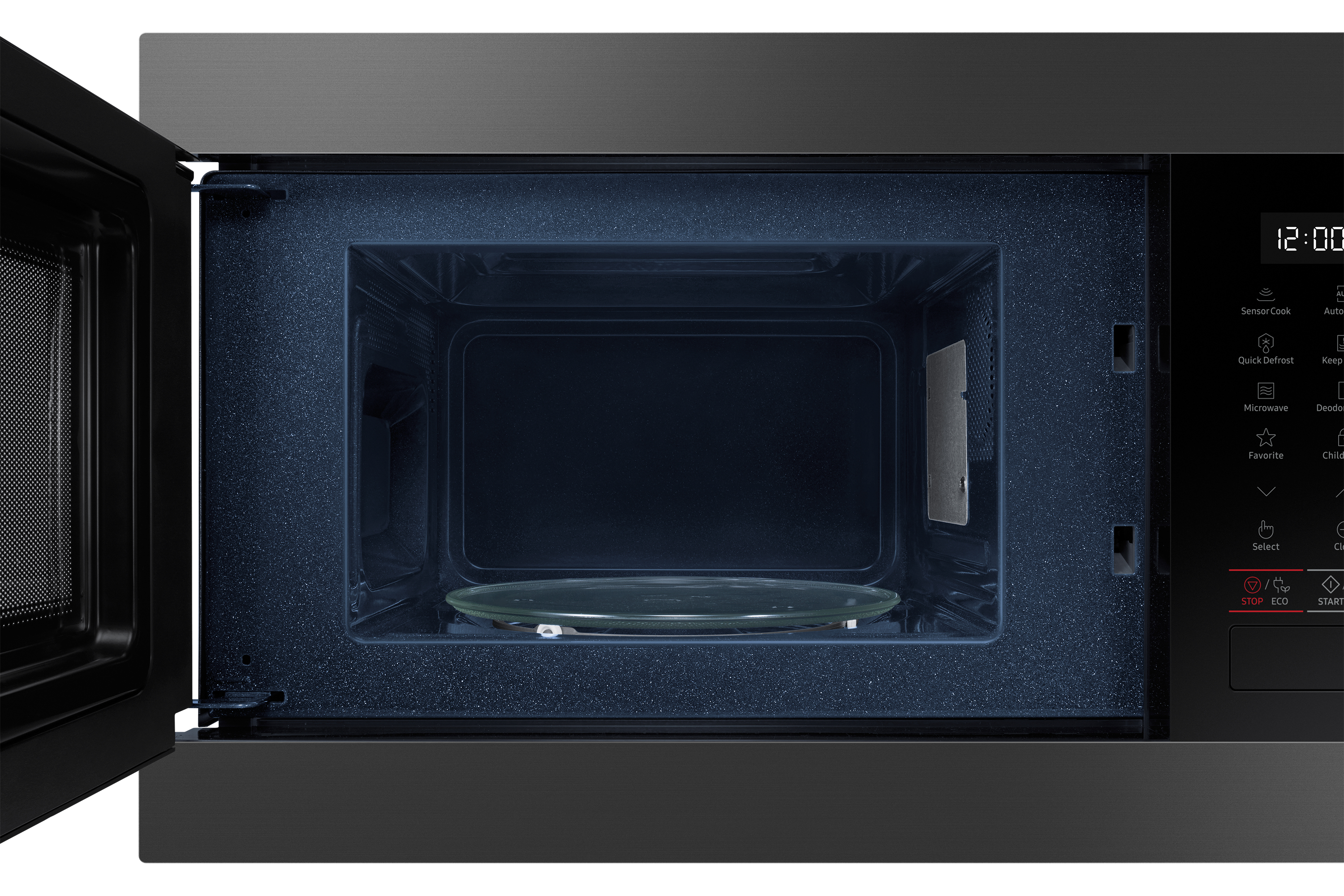 Interno di un forno a microonde Samsung nero, porta aperta. Sono visibili un piatto di vetro e le luci interne.