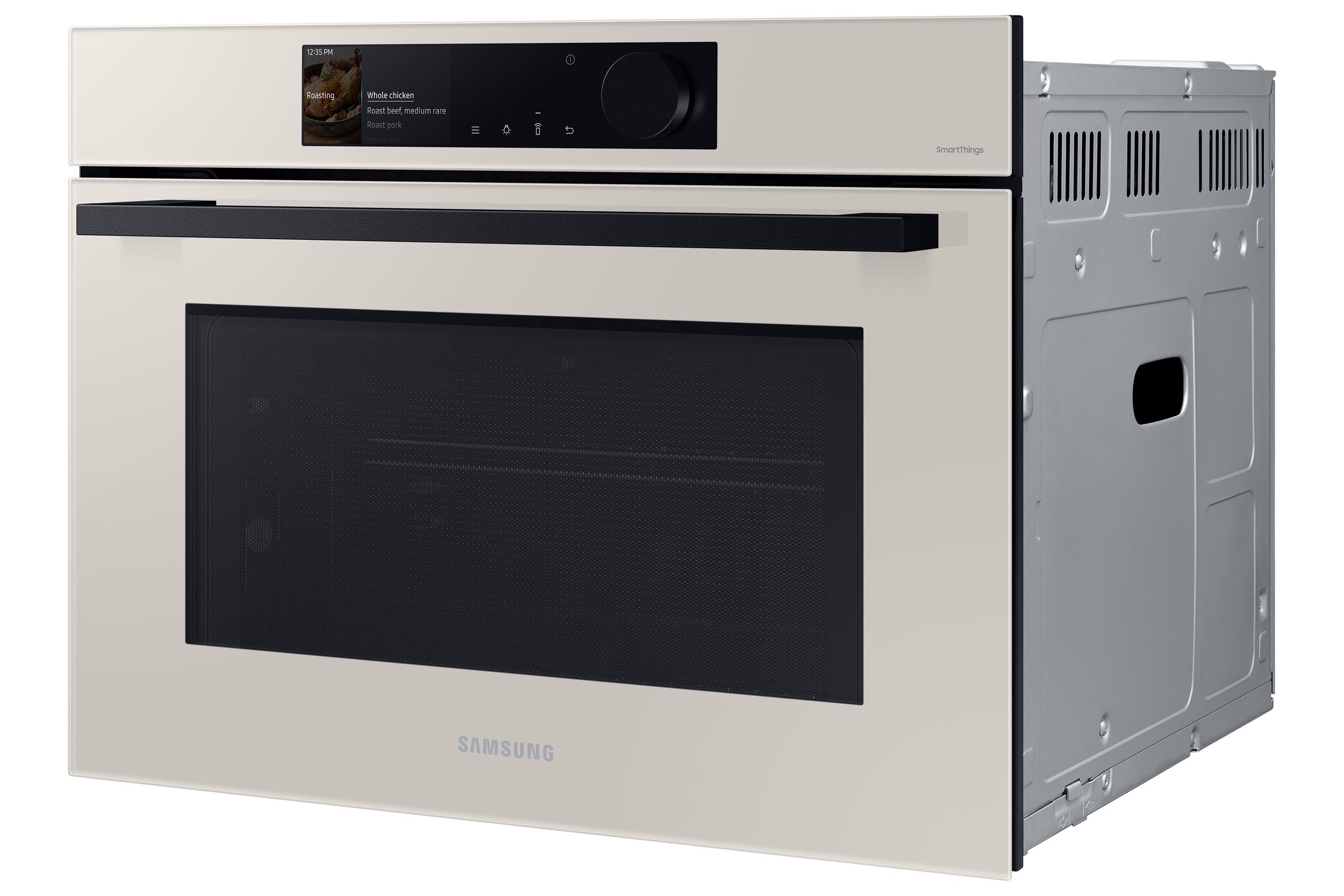 Forno a incasso color crema. Schermo e pannello di controllo in alto. Interno nero e porta aperta.