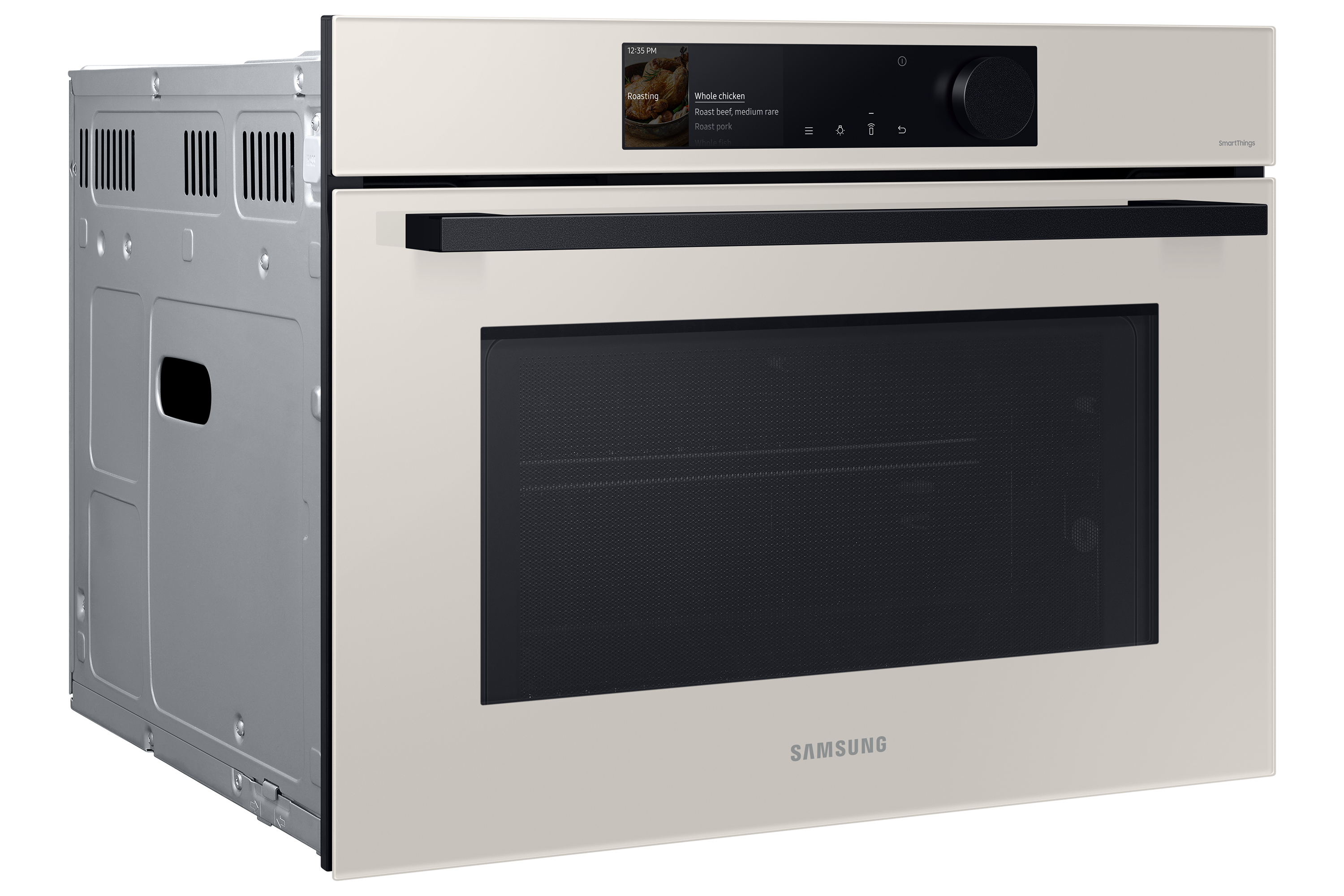 Forno a incasso beige con display digitale, manopola e maniglia nera. Logo Samsung.