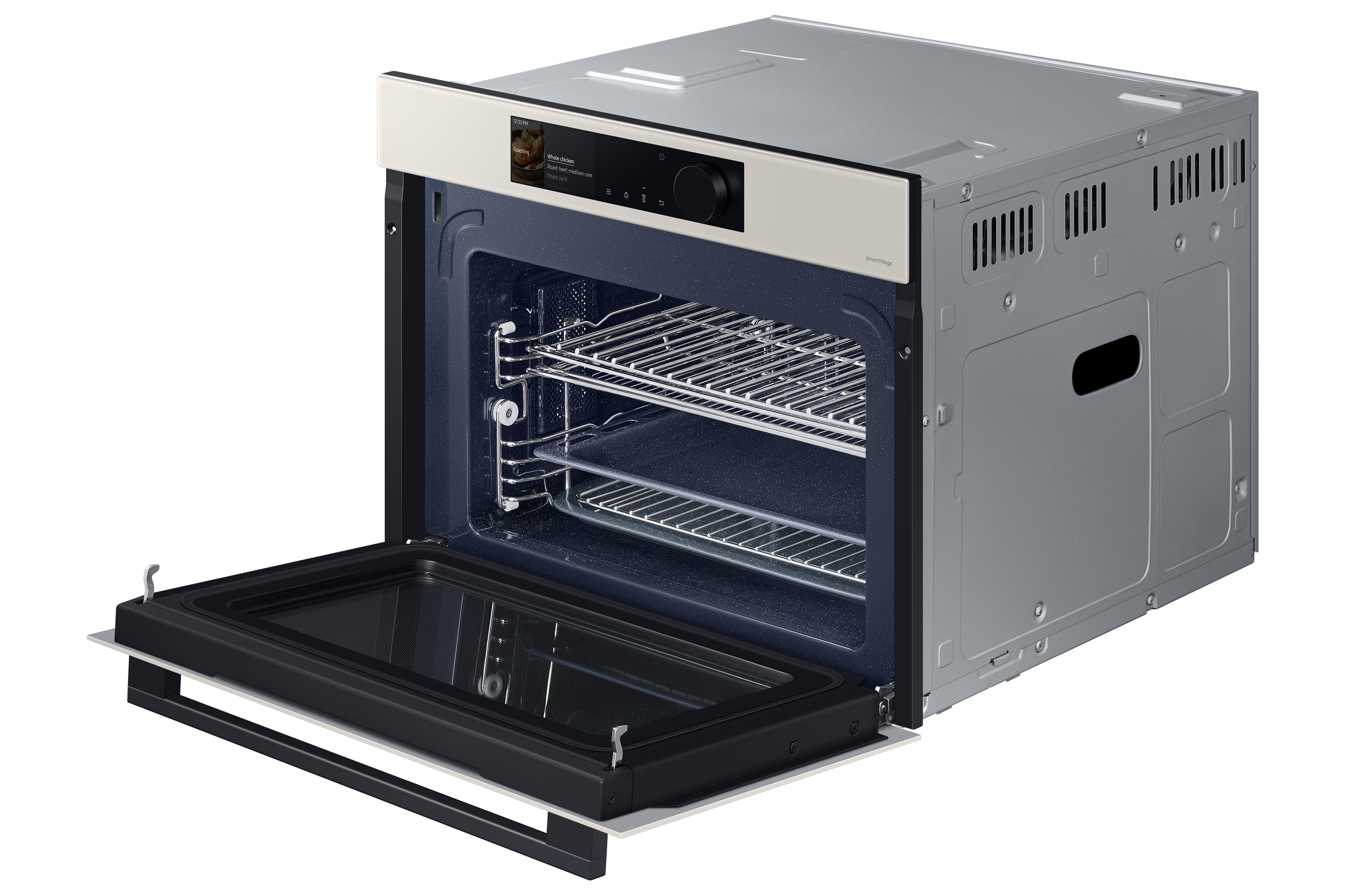 Interno di un forno aperto, con due ripiani e una porta a vetri. Esterno beige e argento.