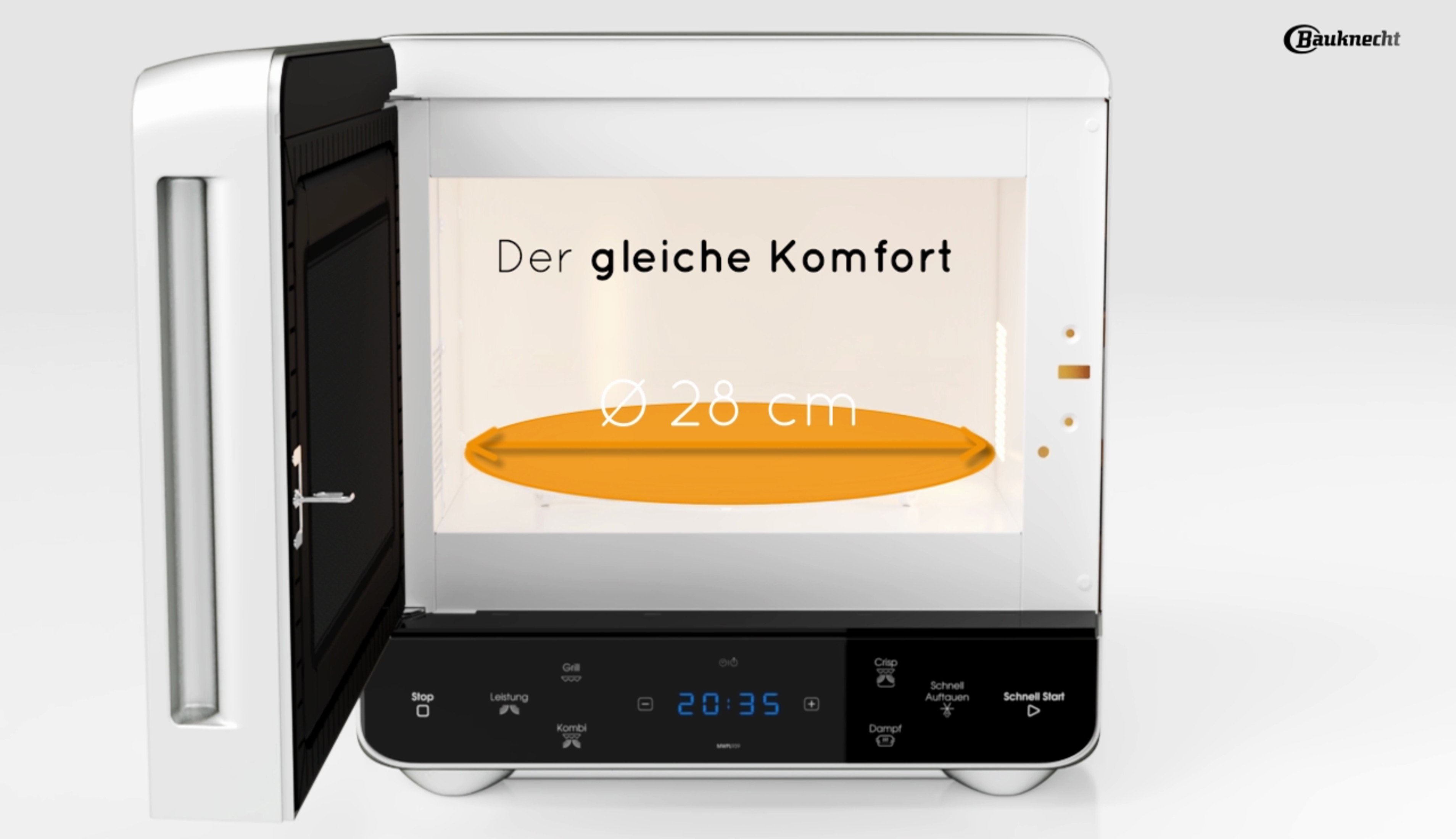 Weißer Mikrowelleninnenraum mit Text und einem orangefarbenen Kreis, der den Durchmesser angibt.