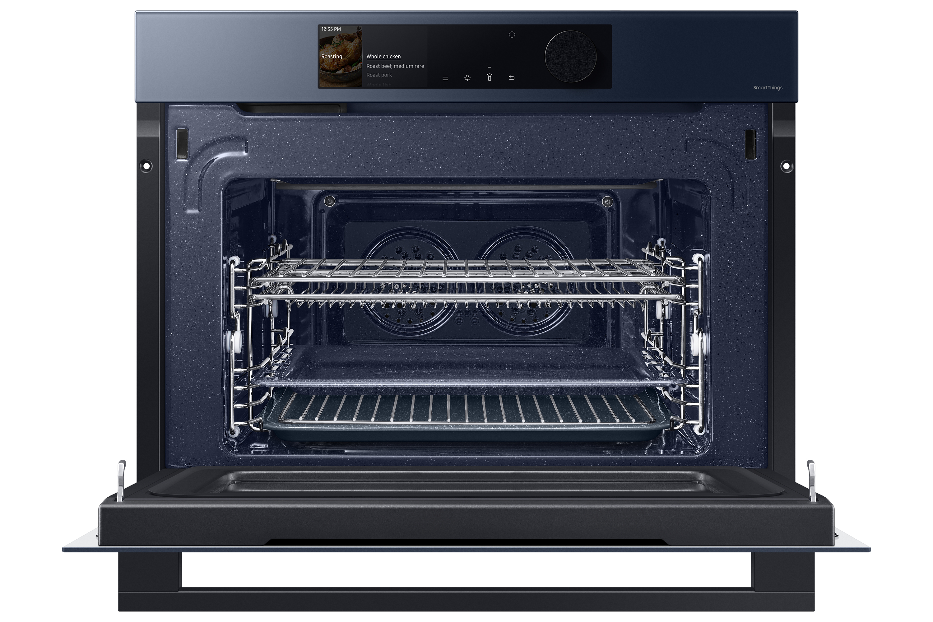 Interno del forno a microonde con display che mostra le impostazioni di cottura e un menu.