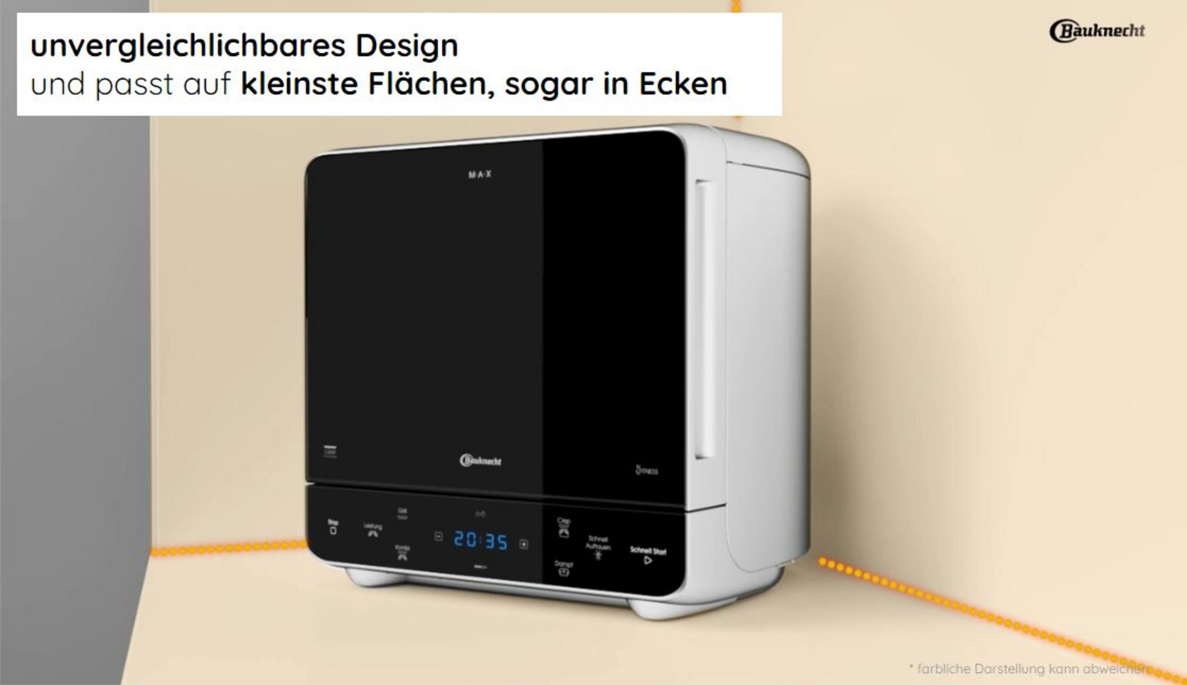 Eine kleine weiße und schwarze Spülmaschine in einer Ecke. Der Text lautet: unverglichebares Design.
