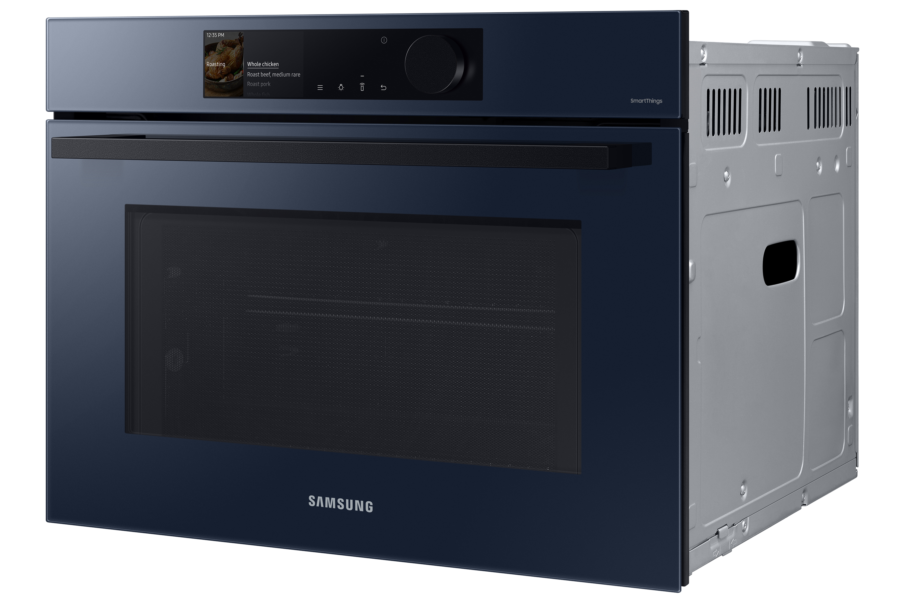Forno a microonde Samsung blu e argento. Display digitale e comandi touch. Logo SmartThings presente.