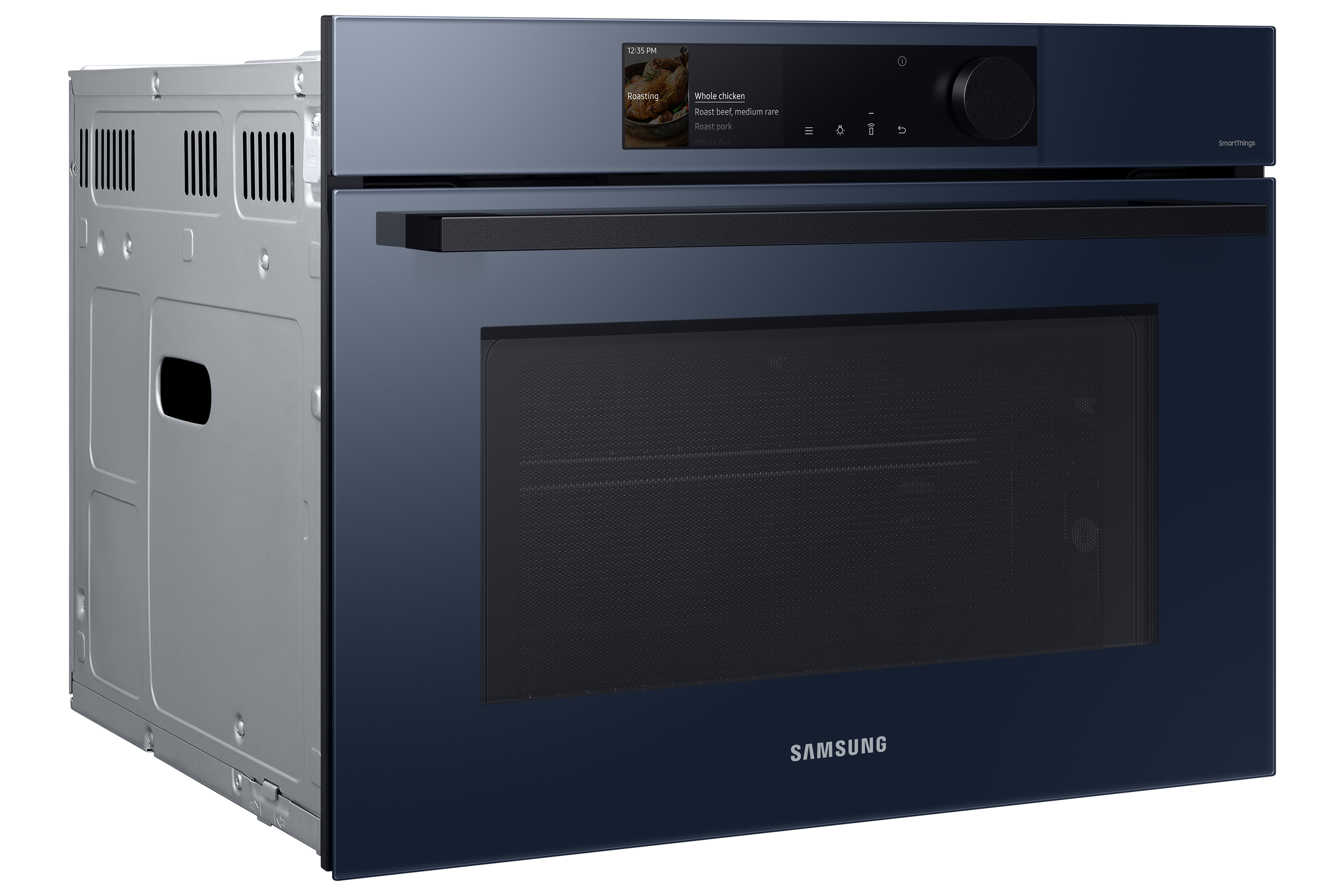 Forno a microonde ad incasso blu scuro con display digitale.