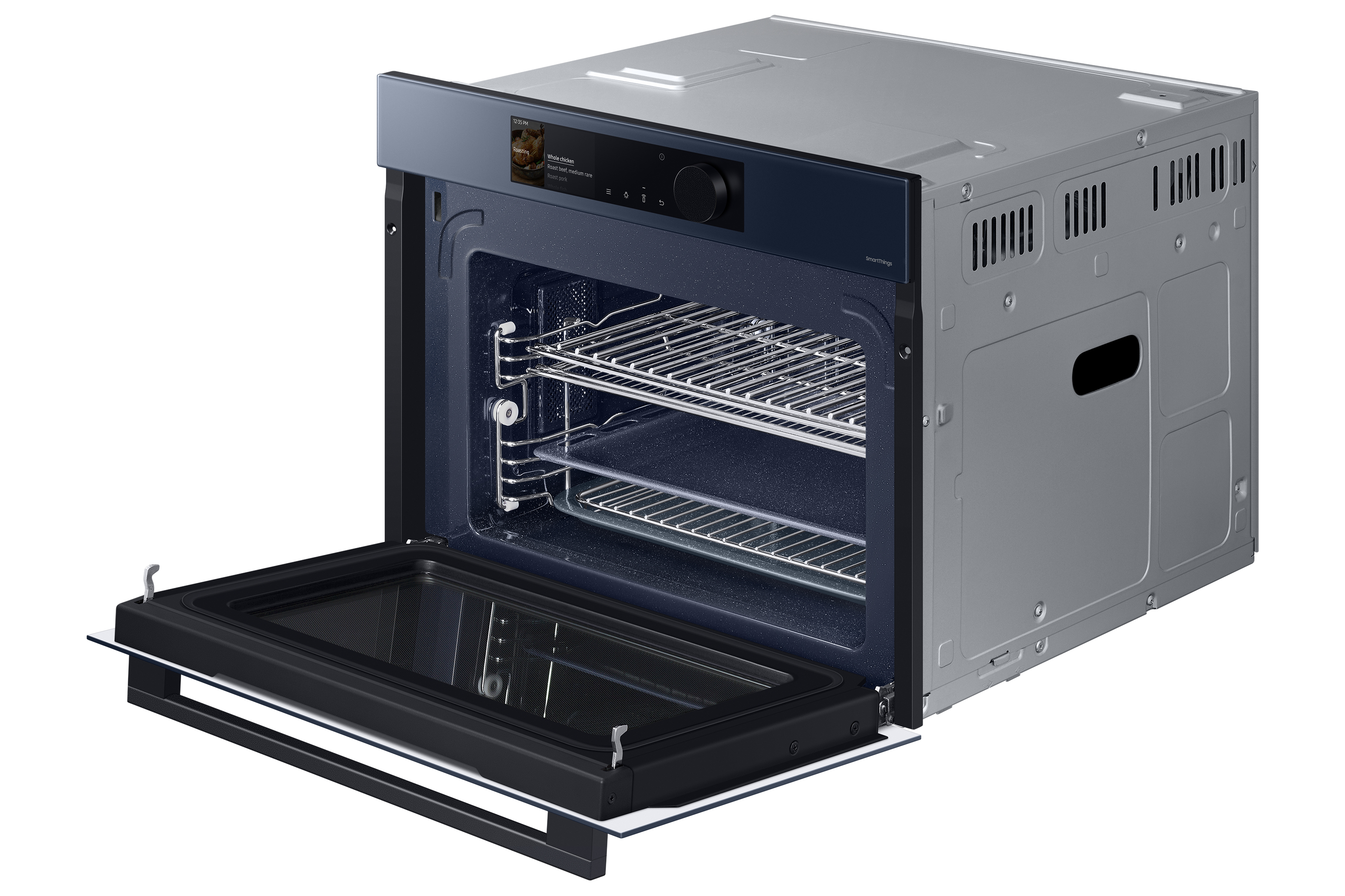 Forno Samsung con la porta aperta, interno visibile, con griglie e pannello di controllo.