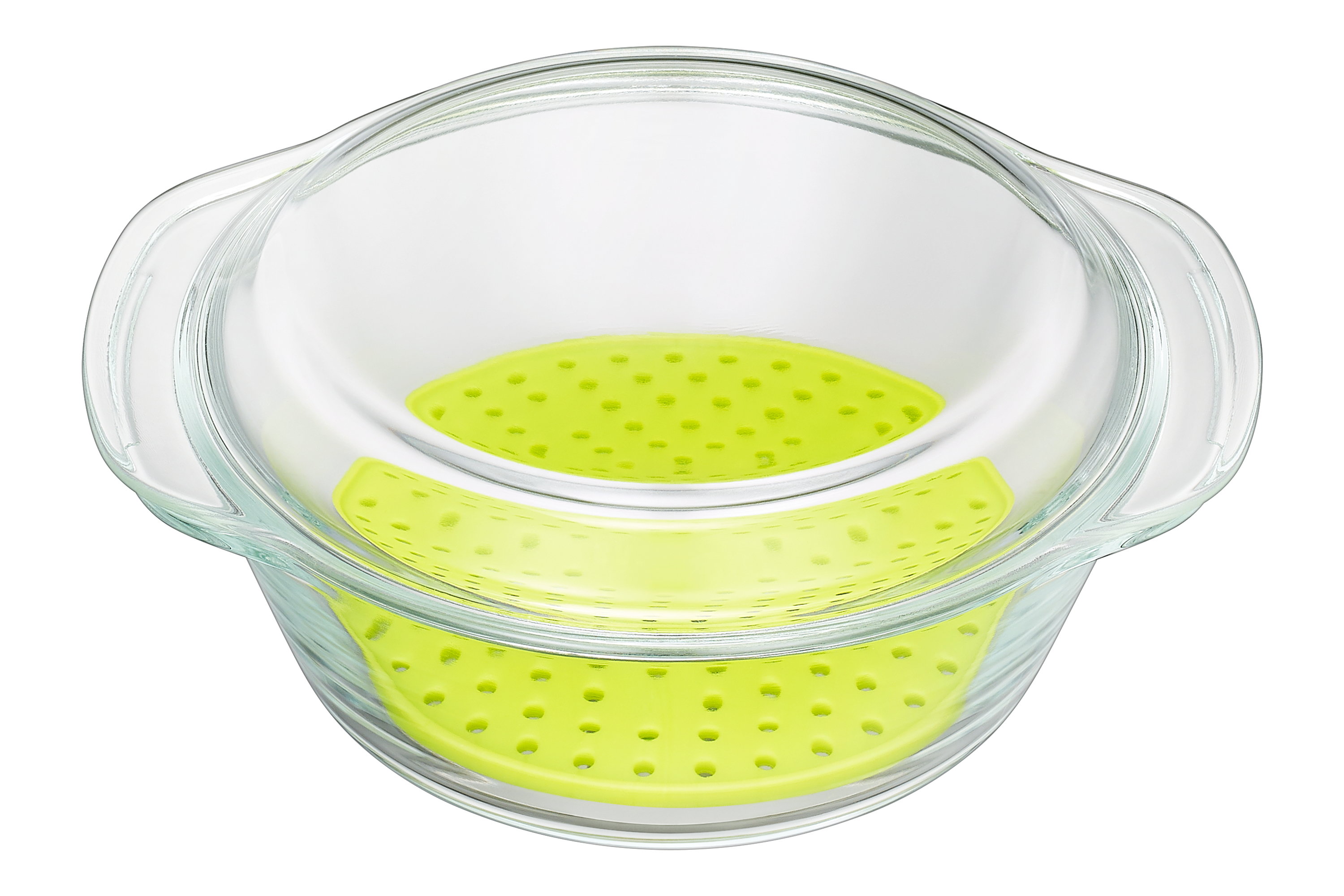 Ciotola di vetro con inserto perforato verde, isolata su sfondo bianco.