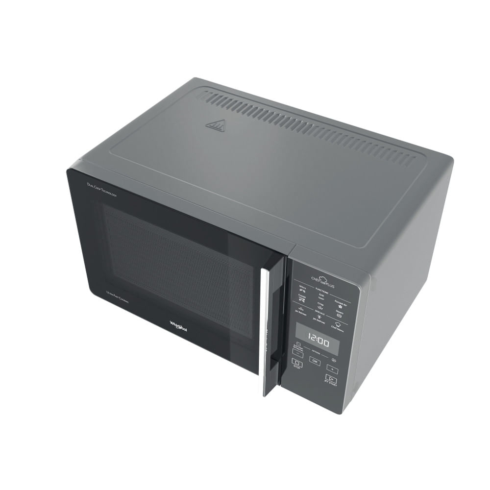 Szara kuchenka mikrofalowa Whirlpool, widok z góry. Sterowanie po prawej, drzwi uchylone. Wyświetlacz 12:00.