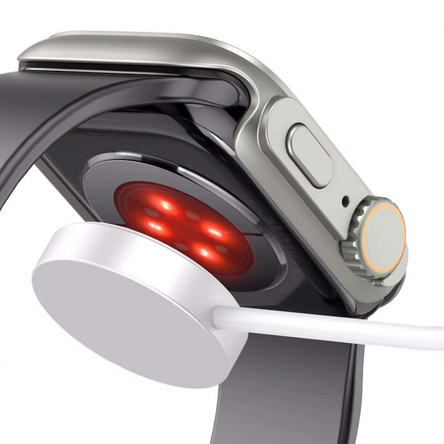 Zbliżenie na Apple Watch z tyłem pokazującym czujnik tętna i ładowarkę.