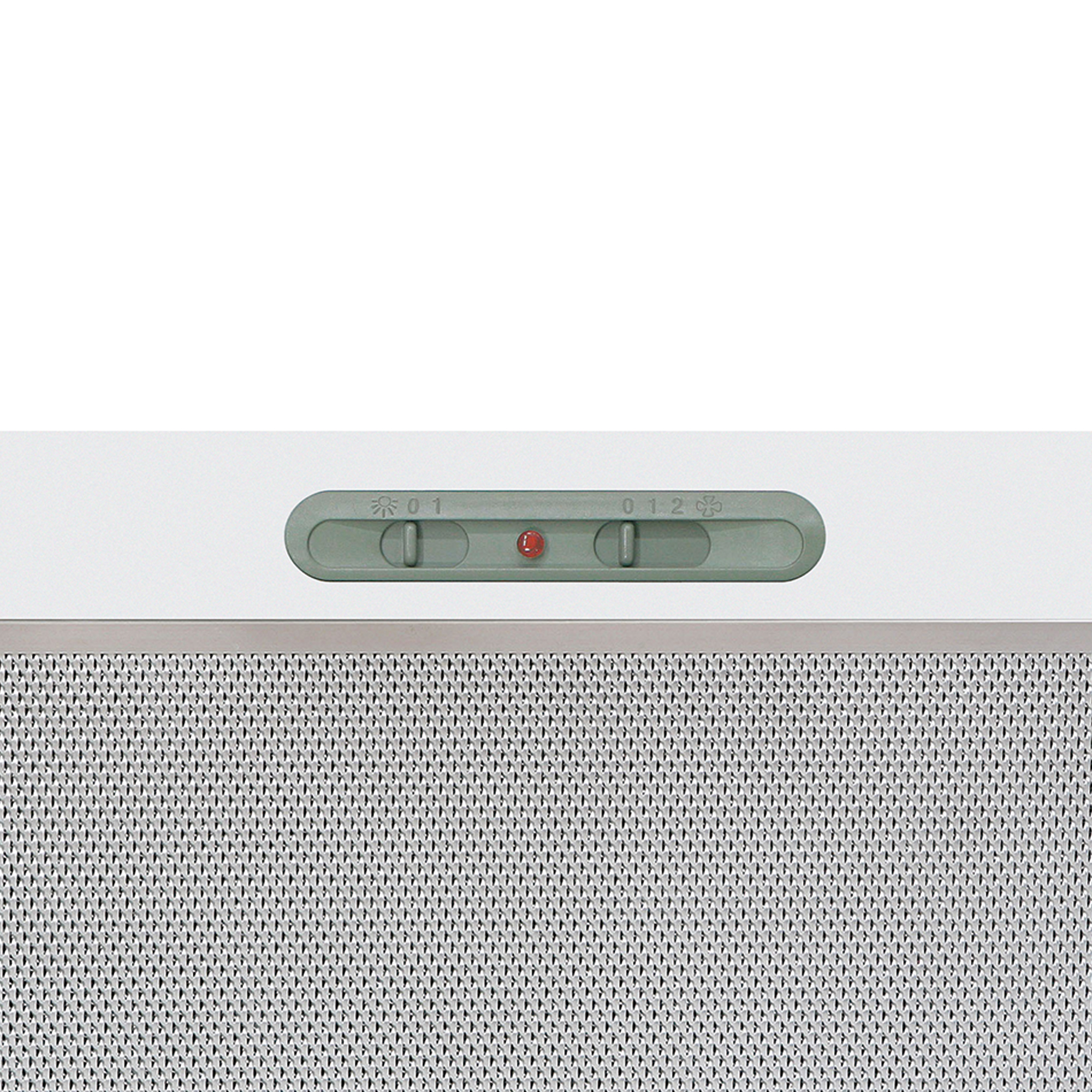 Primer plano de los controles de la campana extractora. Un panel verde con controles de velocidad del ventilador y una luz roja.