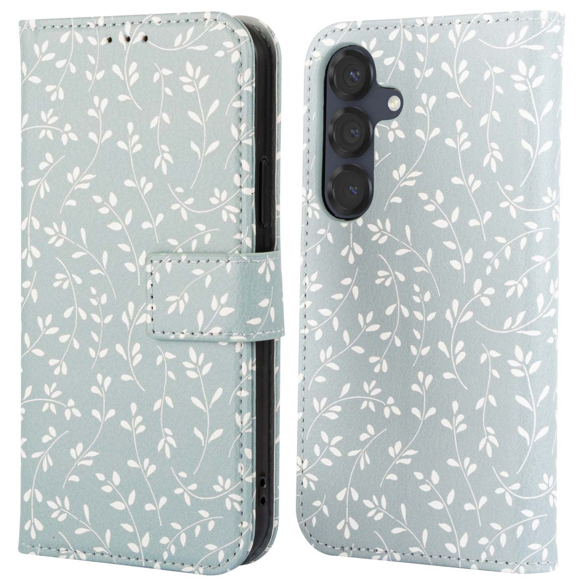 Coque de téléphone avec un motif floral, ouverte pour révéler un téléphone.