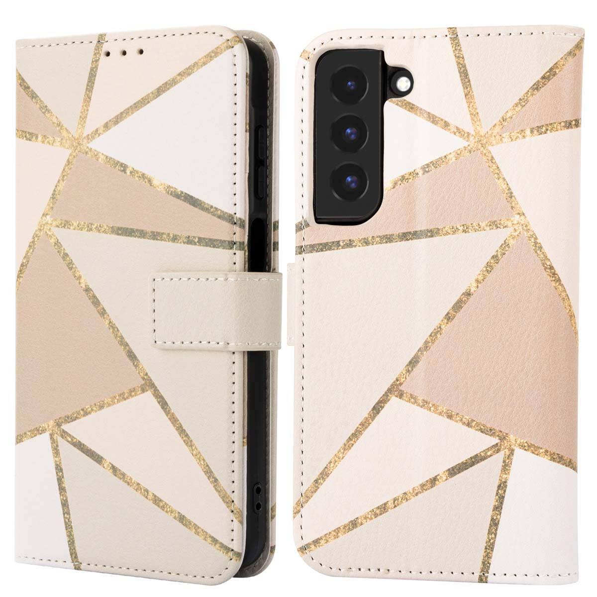 Coque de smartphone avec motif géométrique beige et doré. C'est un étui portefeuille.