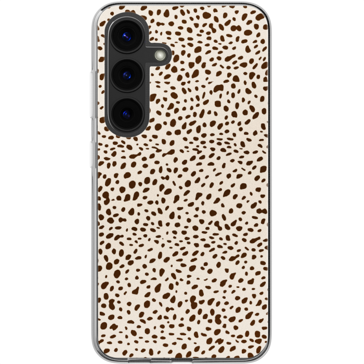 Une coque de smartphone avec un fond blanc et des points marron.