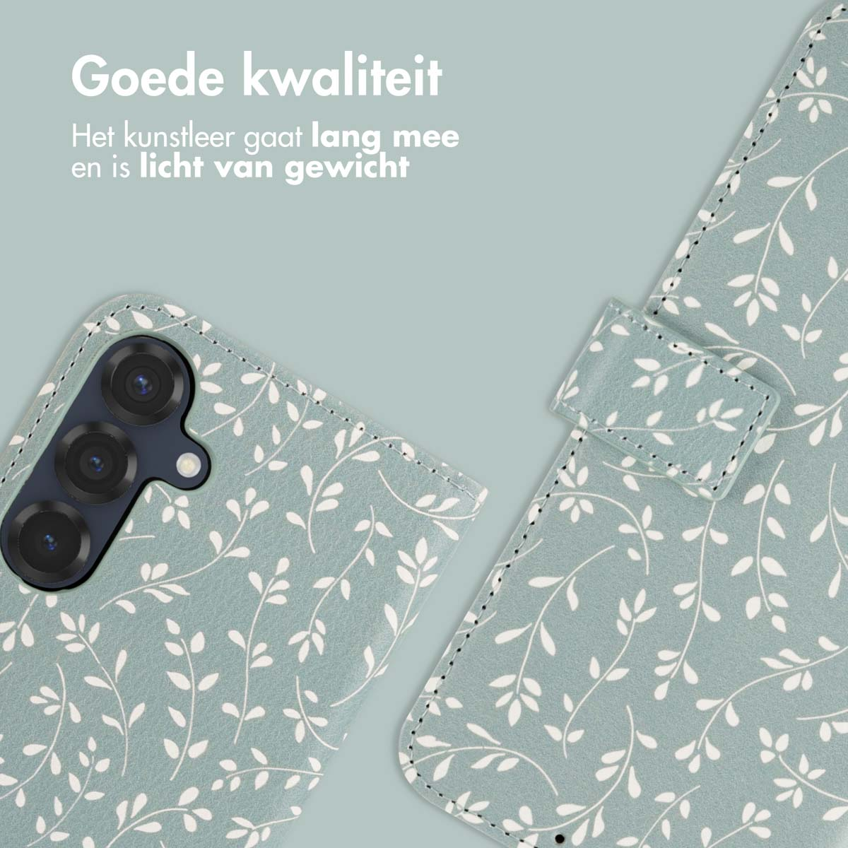 Gros plan sur un étui de téléphone avec motif de feuilles blanches. Texte : Bonne qualité.