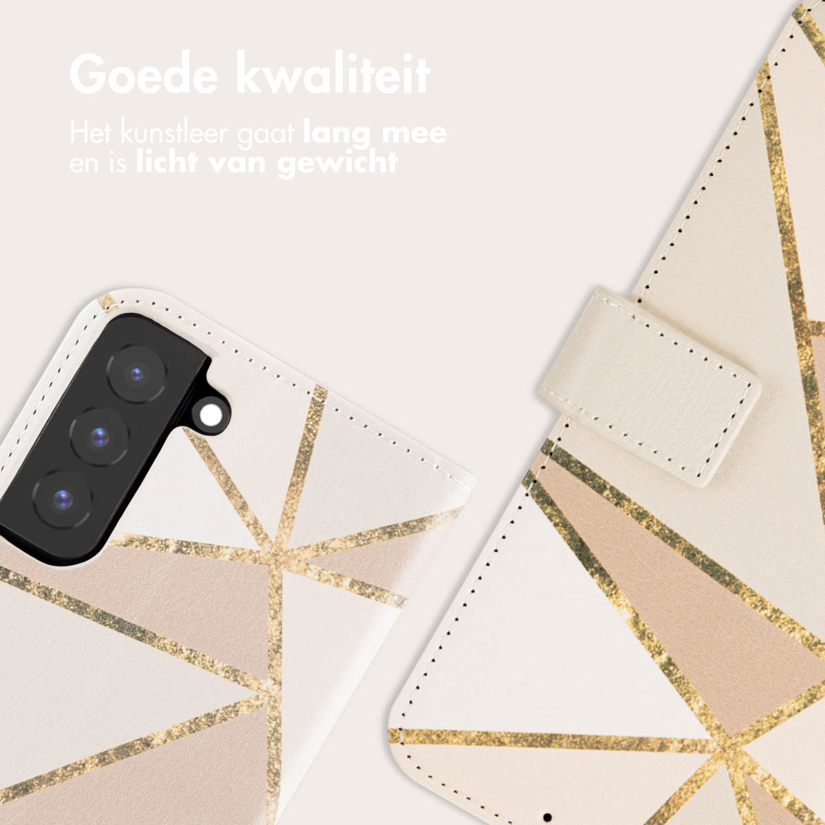 Coque de téléphone, beige, design géométrique doré. Caméra en haut à gauche. Étui ouvert avec bouton.
