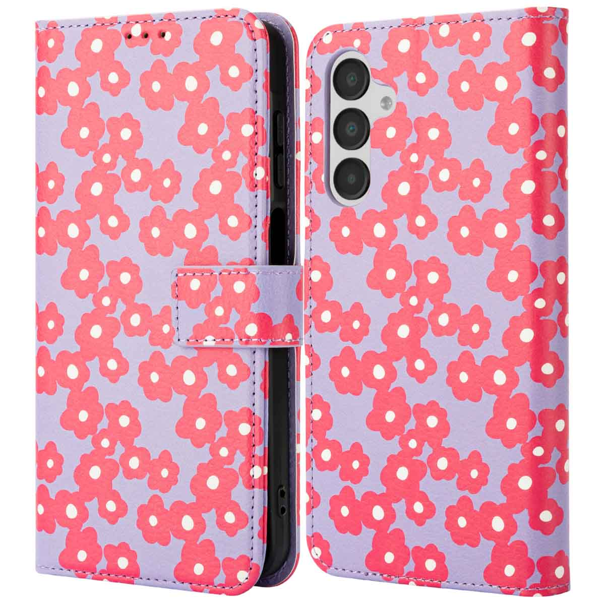 Coque de téléphone violette avec des fleurs rouges. L'étui est ouvert, montrant le téléphone à l'intérieur.