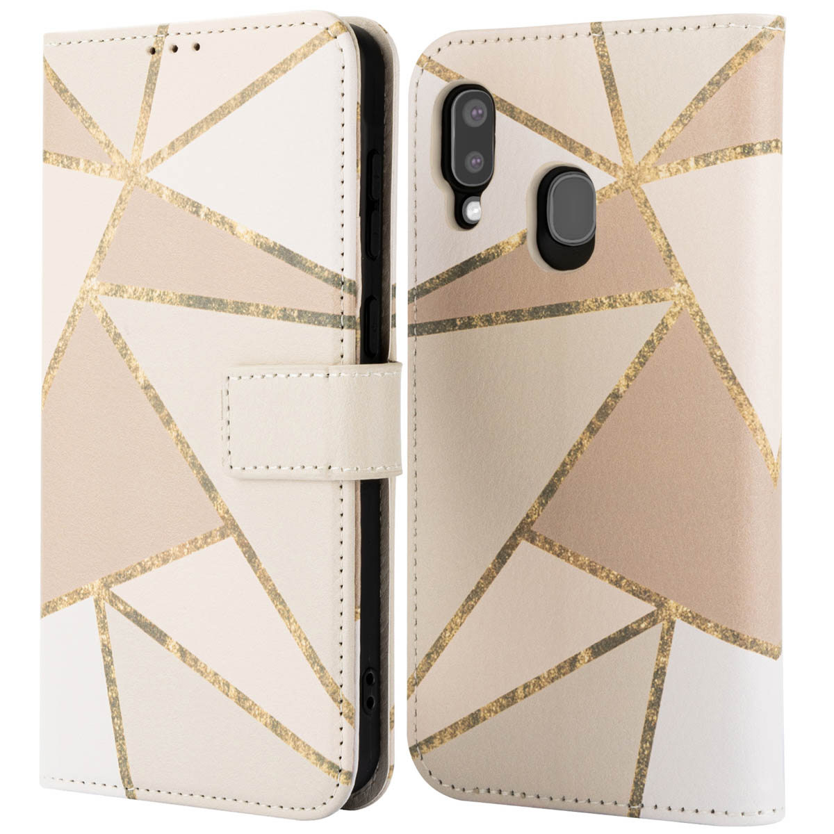 Een witte telefoonhoes met een geometrisch beige en goud design, open, met de telefoon.