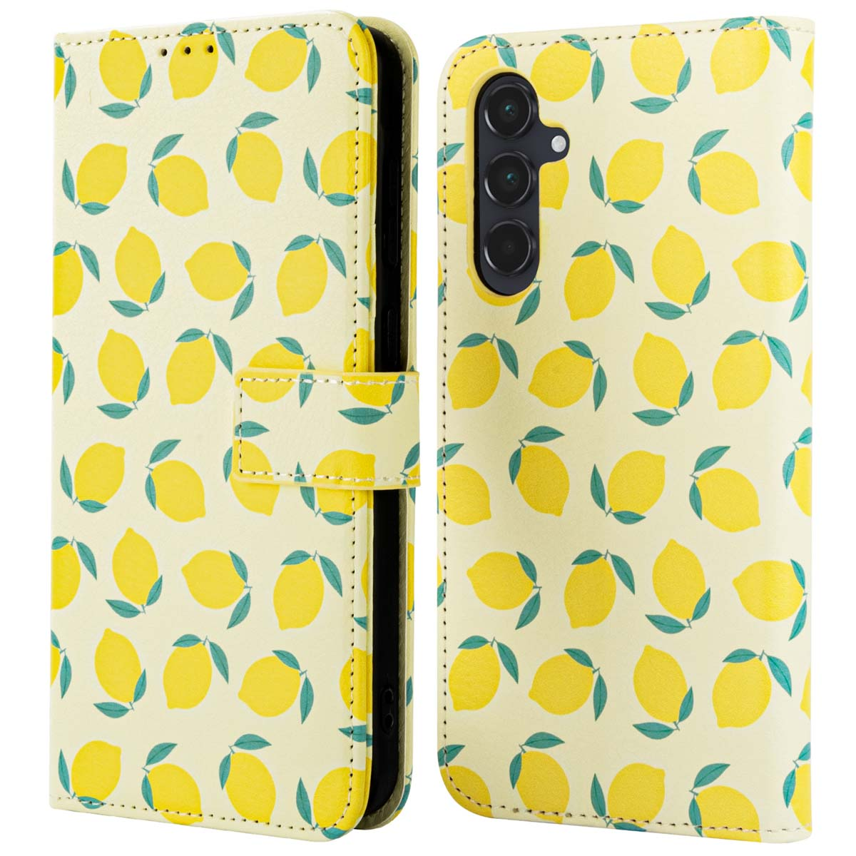 Een telefoonhoesje met gele citroenen en groene bladeren op een crèmekleurige achtergrond.