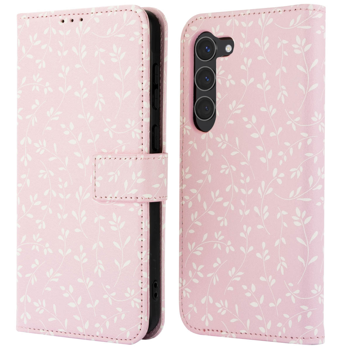 Coque de téléphone rose à motifs floraux, ouverte. Le téléphone est à l'intérieur.