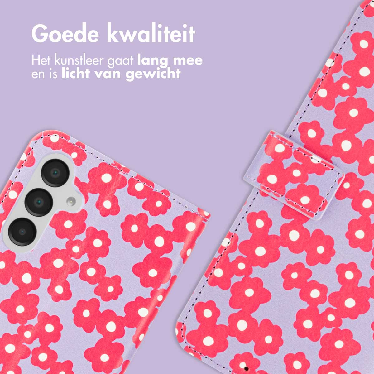 Coque de téléphone avec fleurs rouges sur fond violet. L'étui est ouvert.