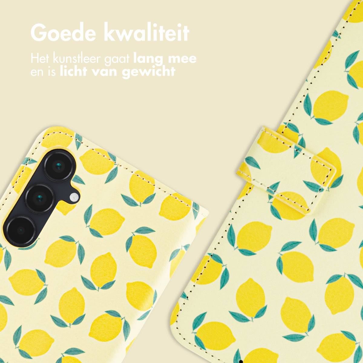 Telefoonhoesje met citroenpatroon. Tekst zegt 'Goede kwaliteit' en 'lichtgewicht'.