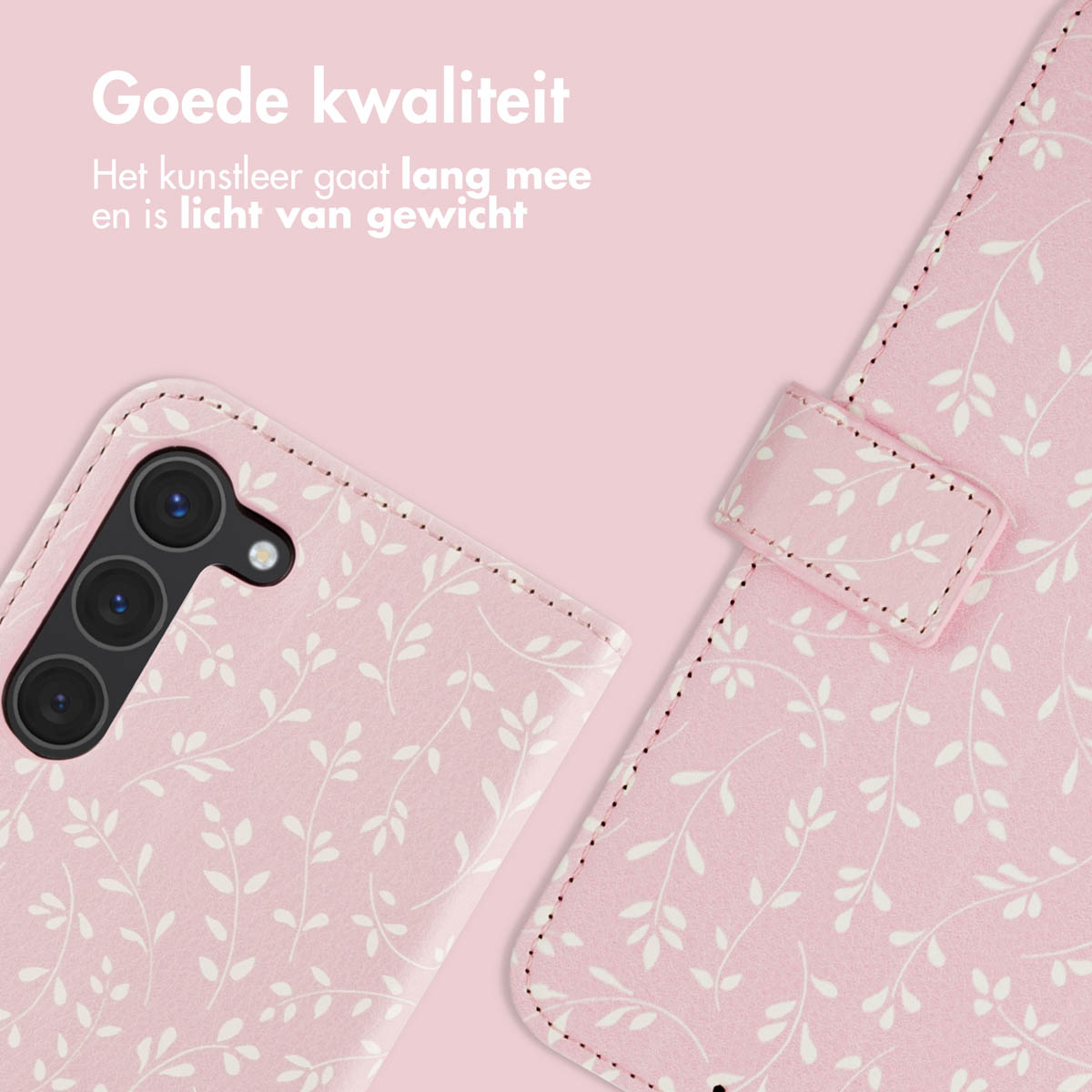 Une coque de téléphone rose avec un motif floral blanc, partiellement ouverte.