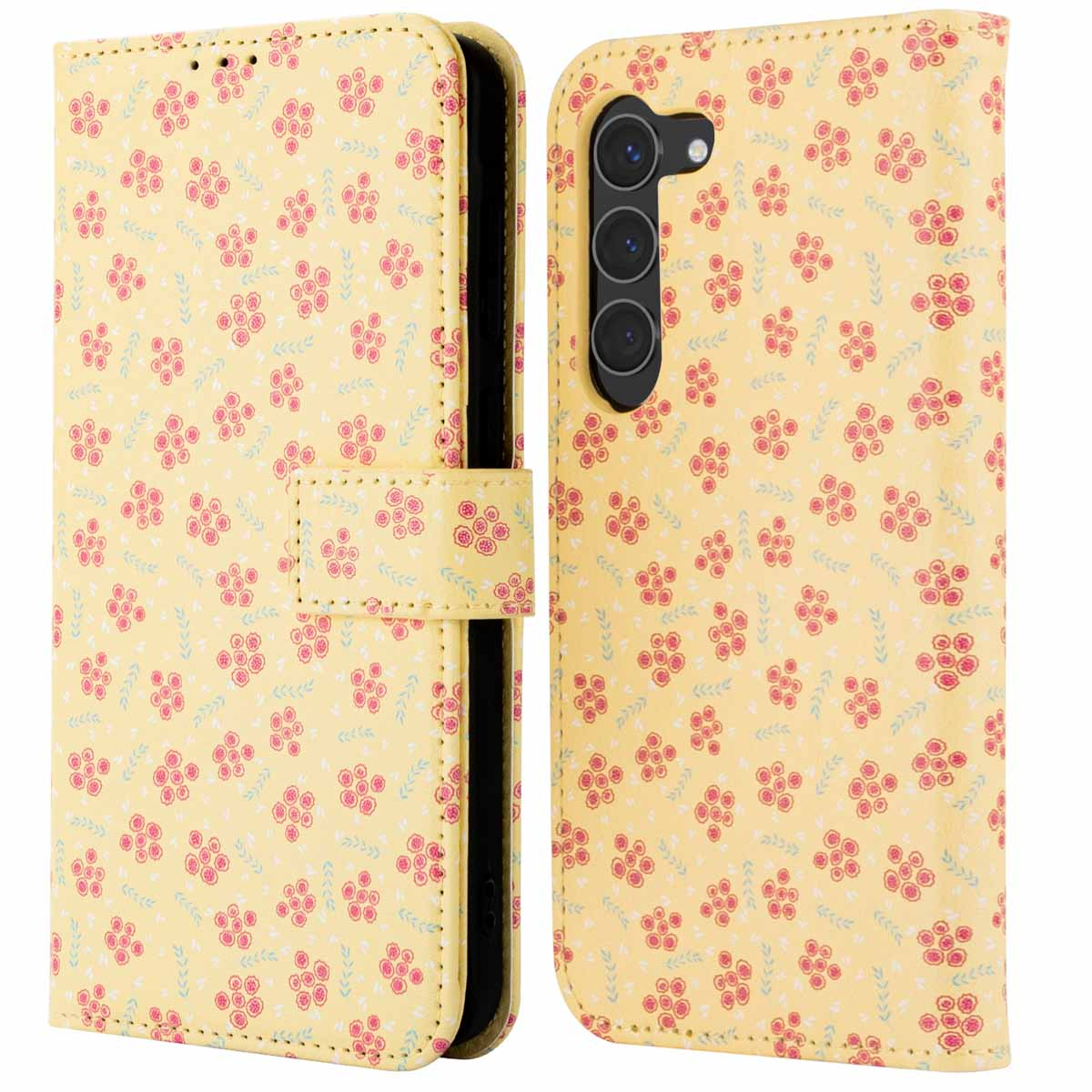Gele telefoonhoes met kleine roze bloemen en groene bladeren, met magnetische sluiting.