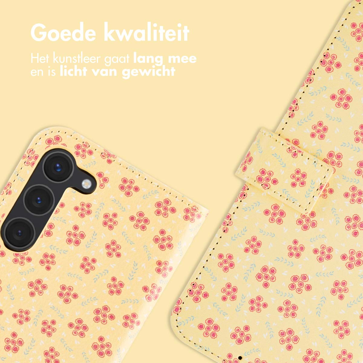 Een telefoonhoesje met kleine rode bloemen op een gele achtergrond. Open.