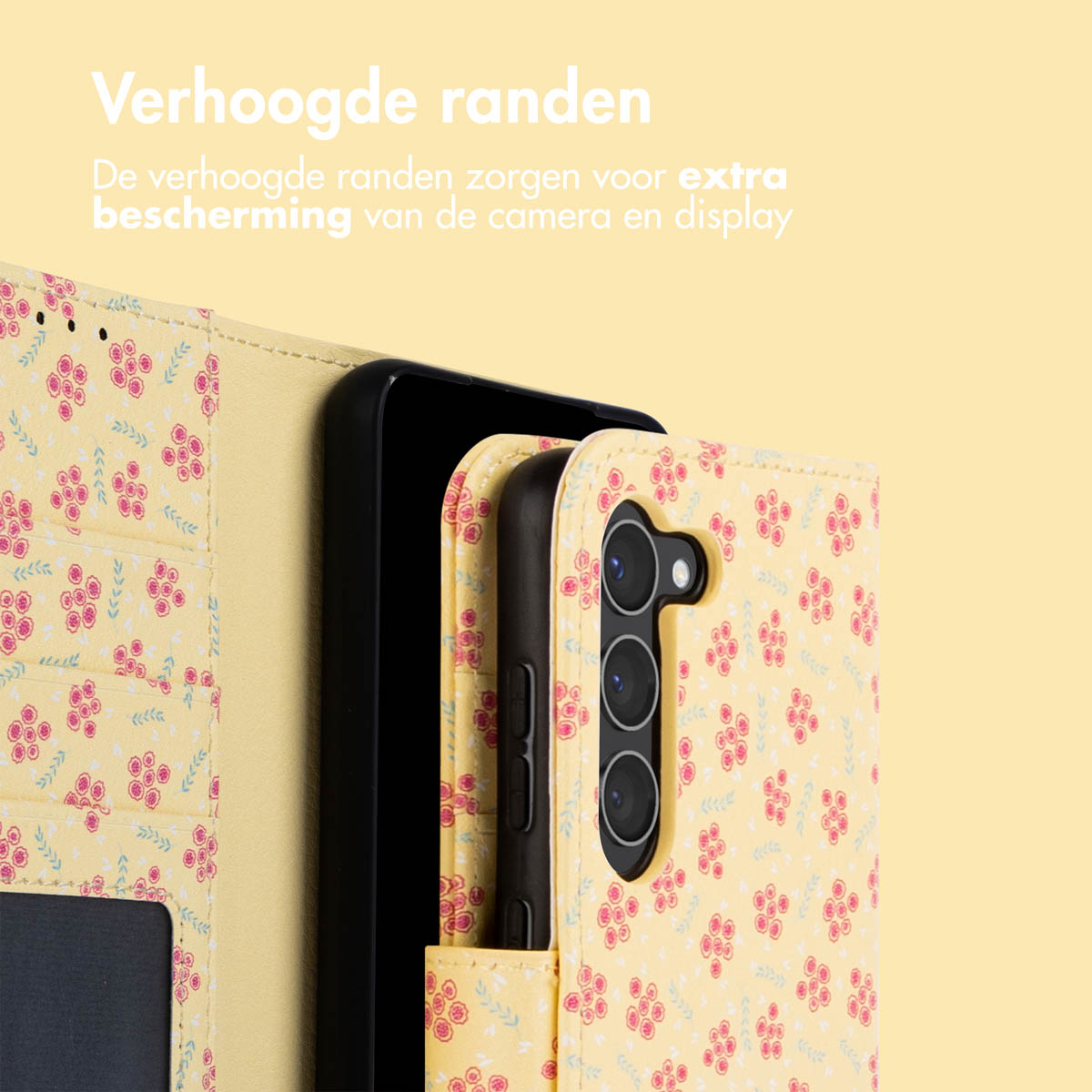 Gele telefoonhoes met roze bloemen, open, onthult een zwarte telefoon. Tekst: 'Verhoogde randen'.