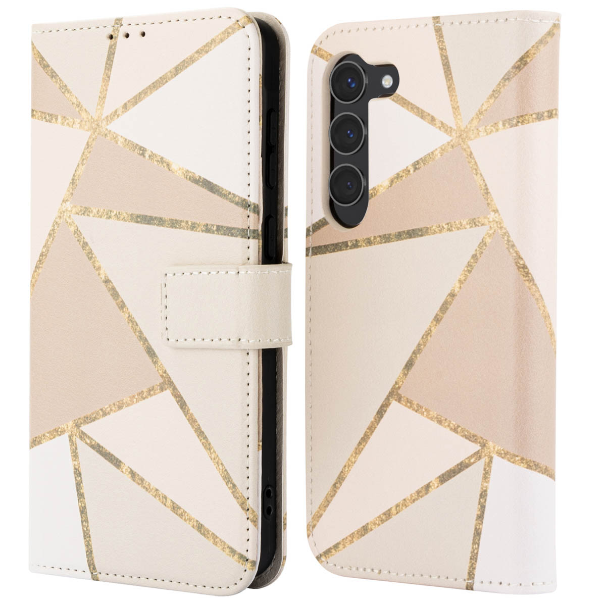 Étui de téléphone ouvert, montrant le téléphone et la couverture dorée, avec une fermeture magnétique.