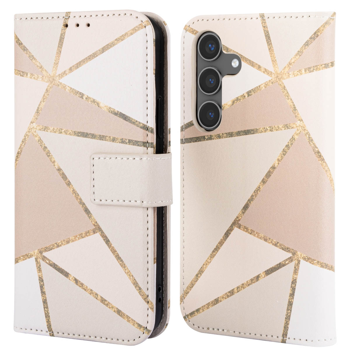 Een telefoonhoesje met een geometrisch ontwerp in beige en goud, open.
