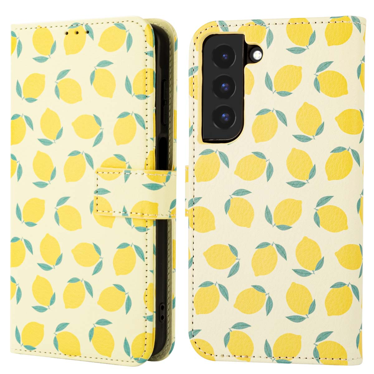 Coque de téléphone à motifs de citrons, ouverte pour révéler le téléphone et une coque fermée.
